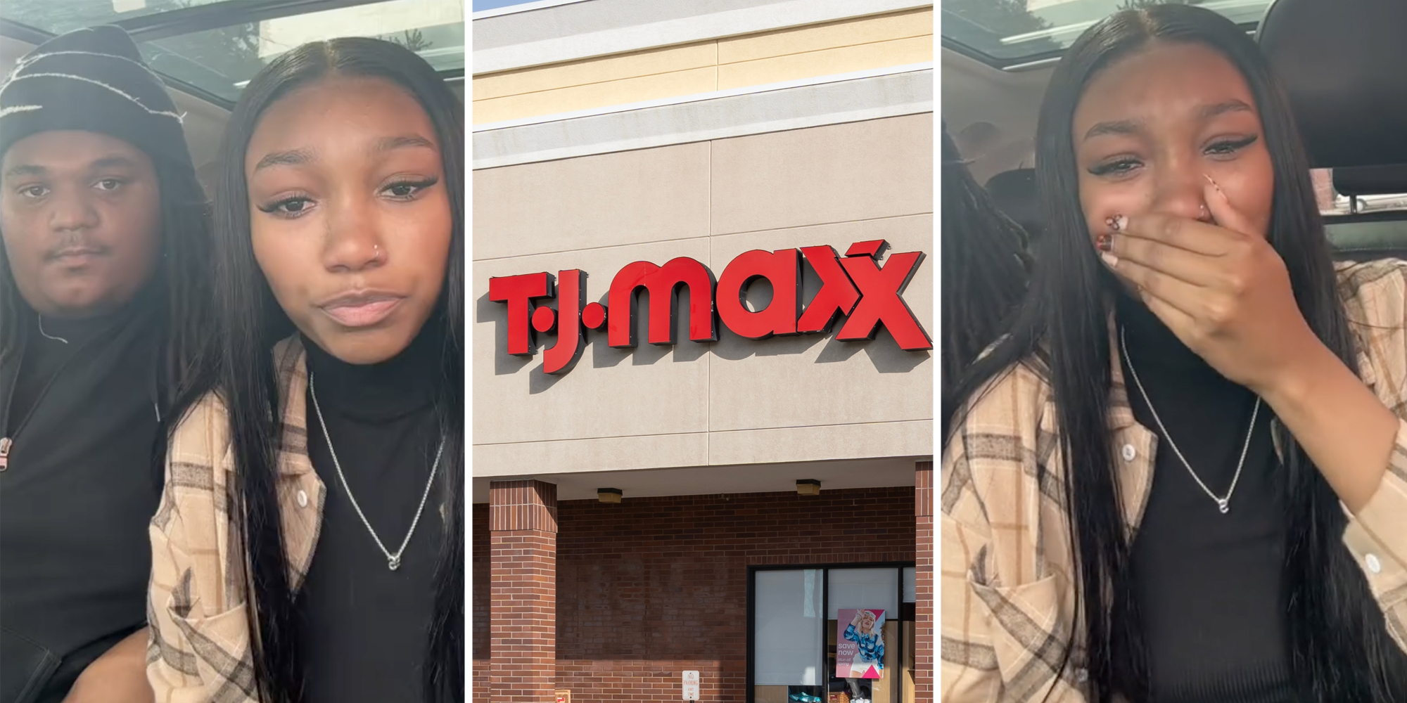 Couple talking(l), TJ Maxx storefront(c), Woman crying(r)