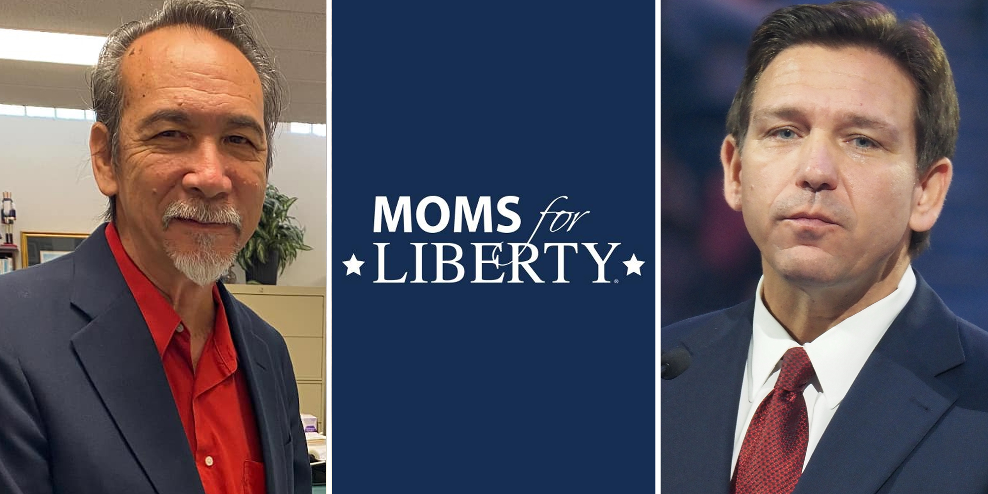 Tony Ricardo(l), Moms for Liberty(c), Ron DeSantis(r)