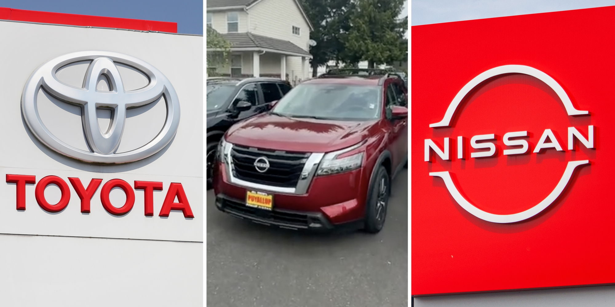 Toyota sign(l), Car(c), Nissan sign(r)