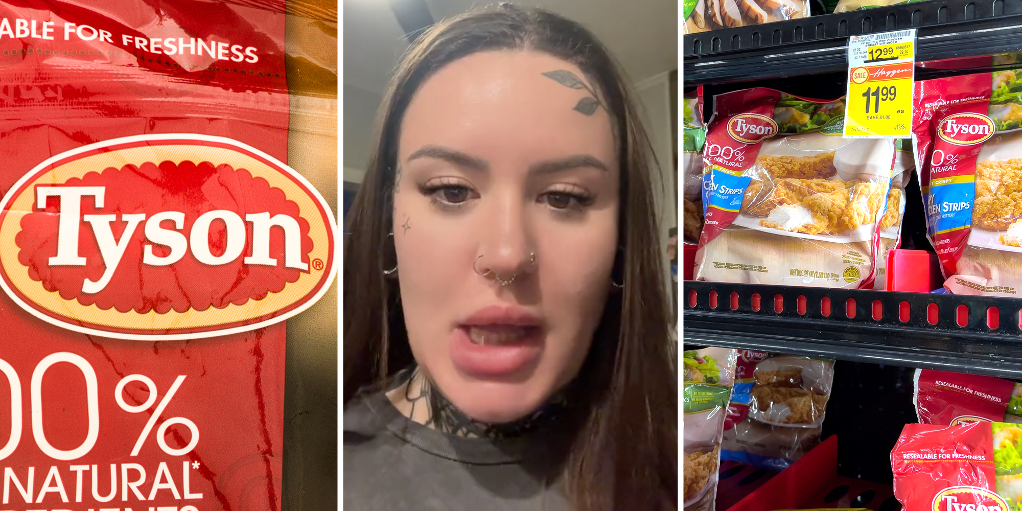 Tyson logo(l), Woman talking(c), Tyson bags in freezer(r)