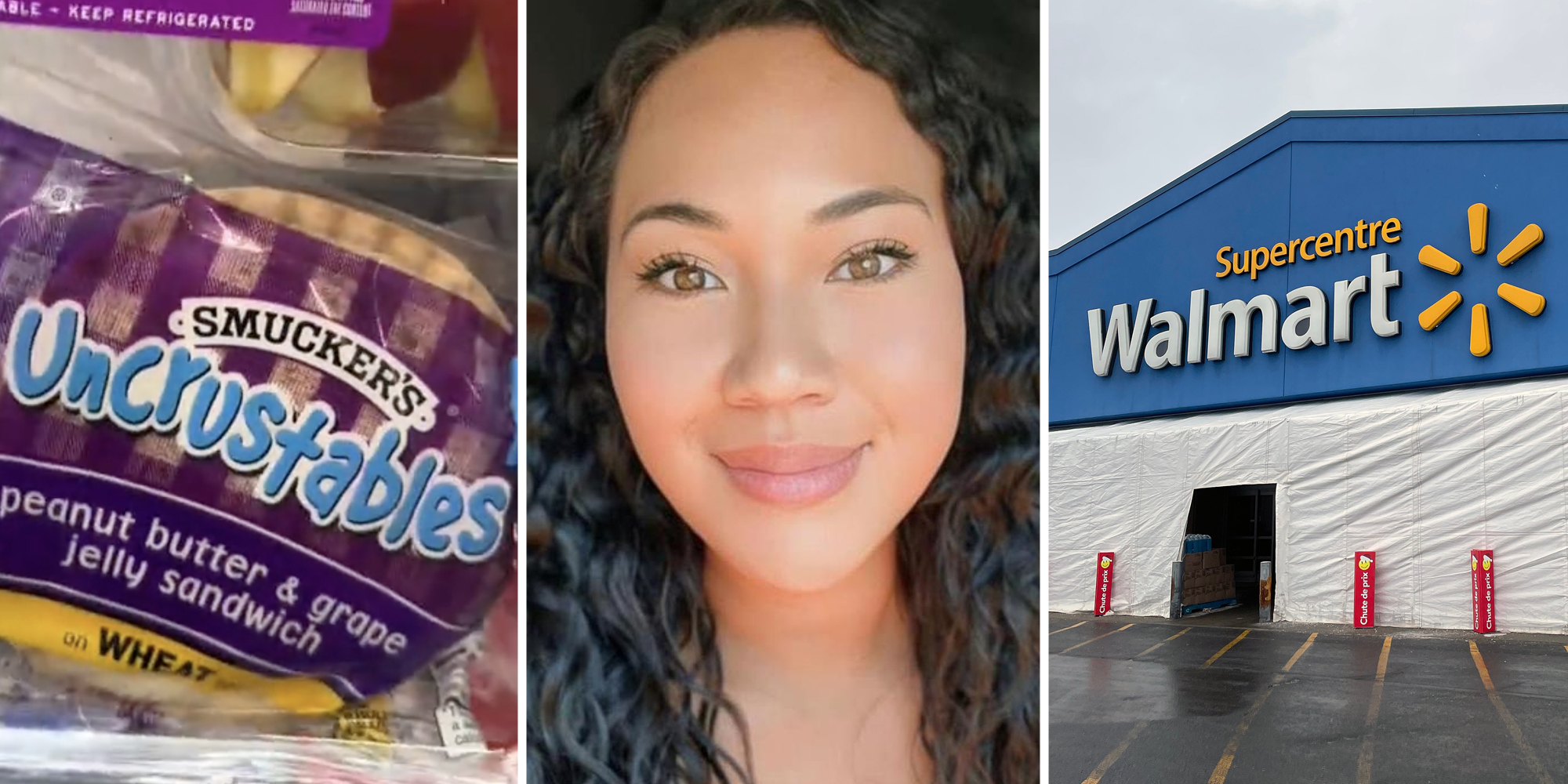 Uncrustable(l), Woman smiling(c), Walmart storefront(r)