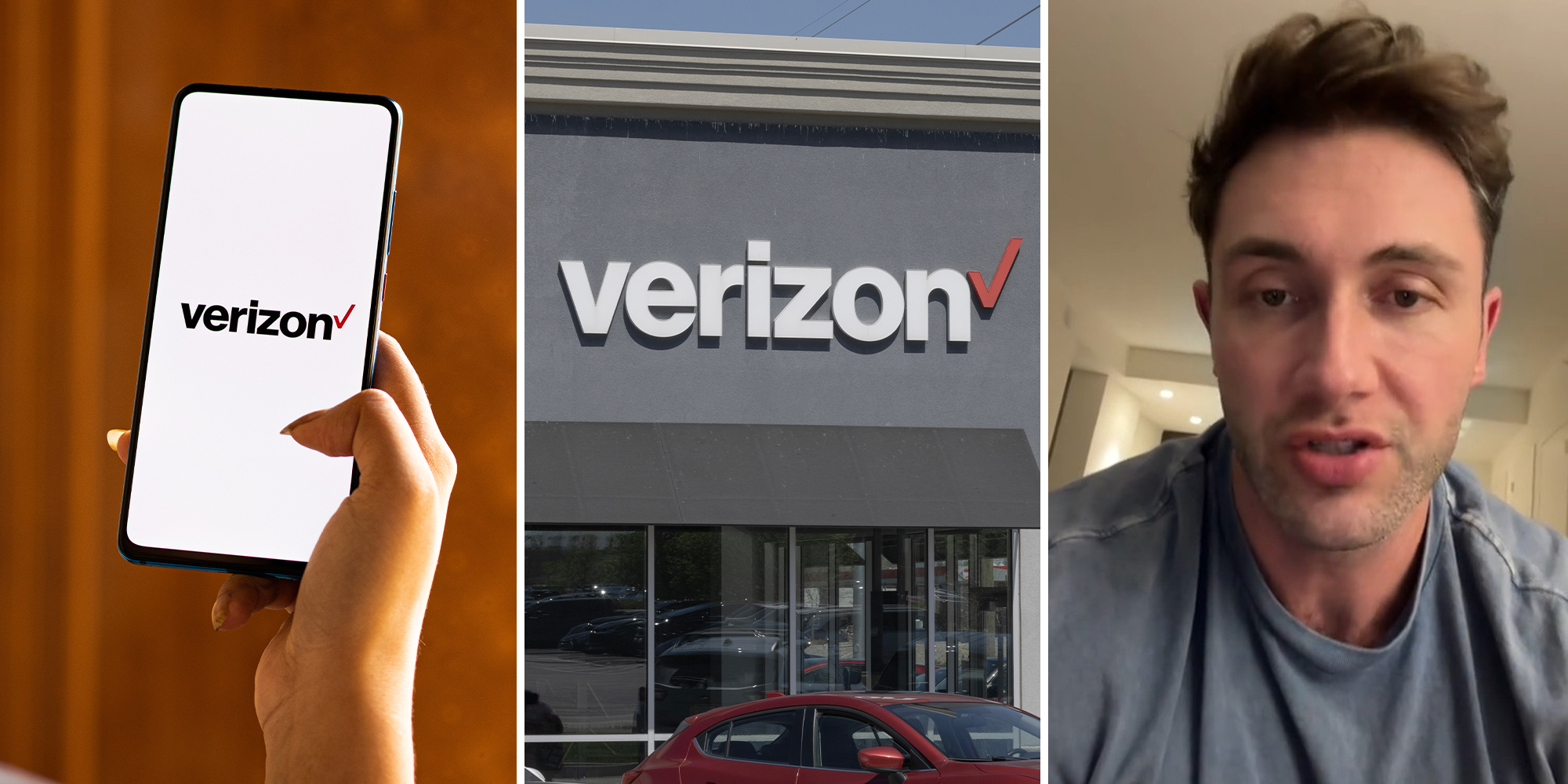 woman holding up phone with Verizon logo(l) Verizon store front(c) Man wearing grey shirt(r)