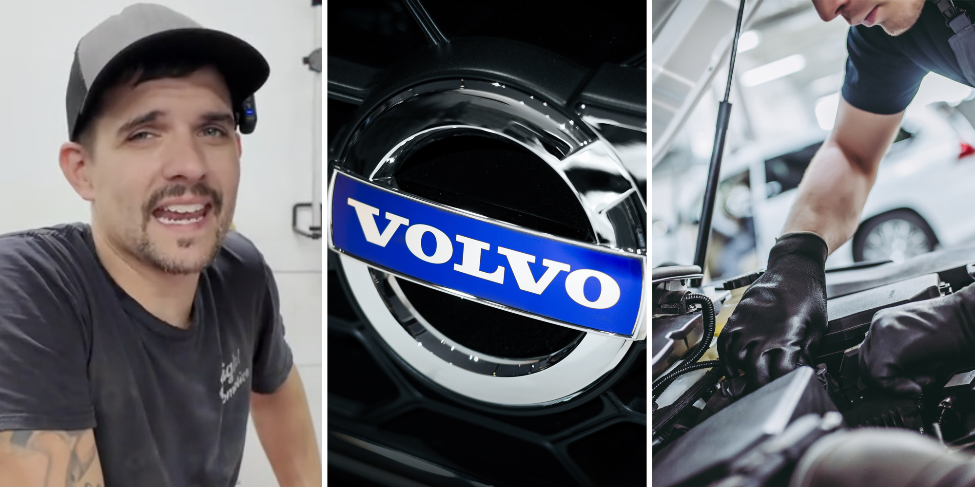 Mechanic talking(l), Volvo logo(c), Mechanic working on car(r)