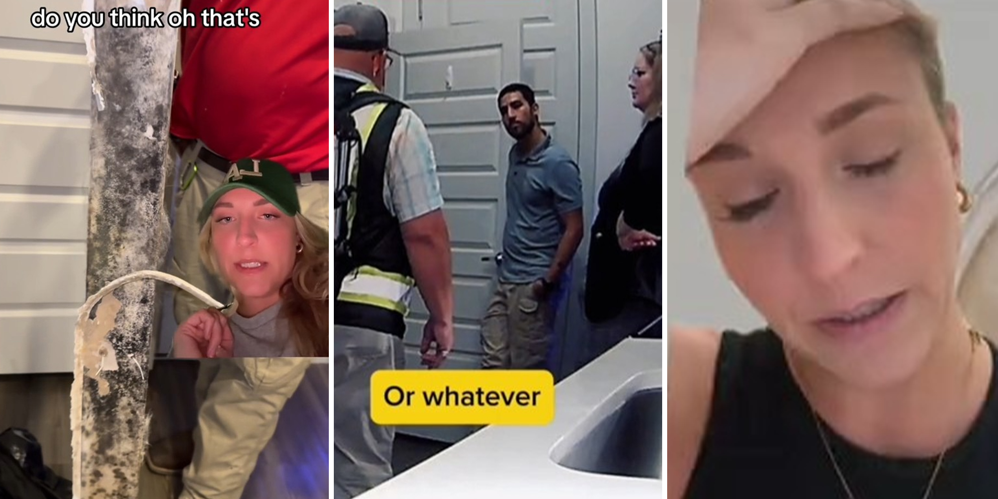 woman video overlayed over photo of man holding up post with mold(l) Couple talking to landlord(c) Woman holding her head with disappointment(r)