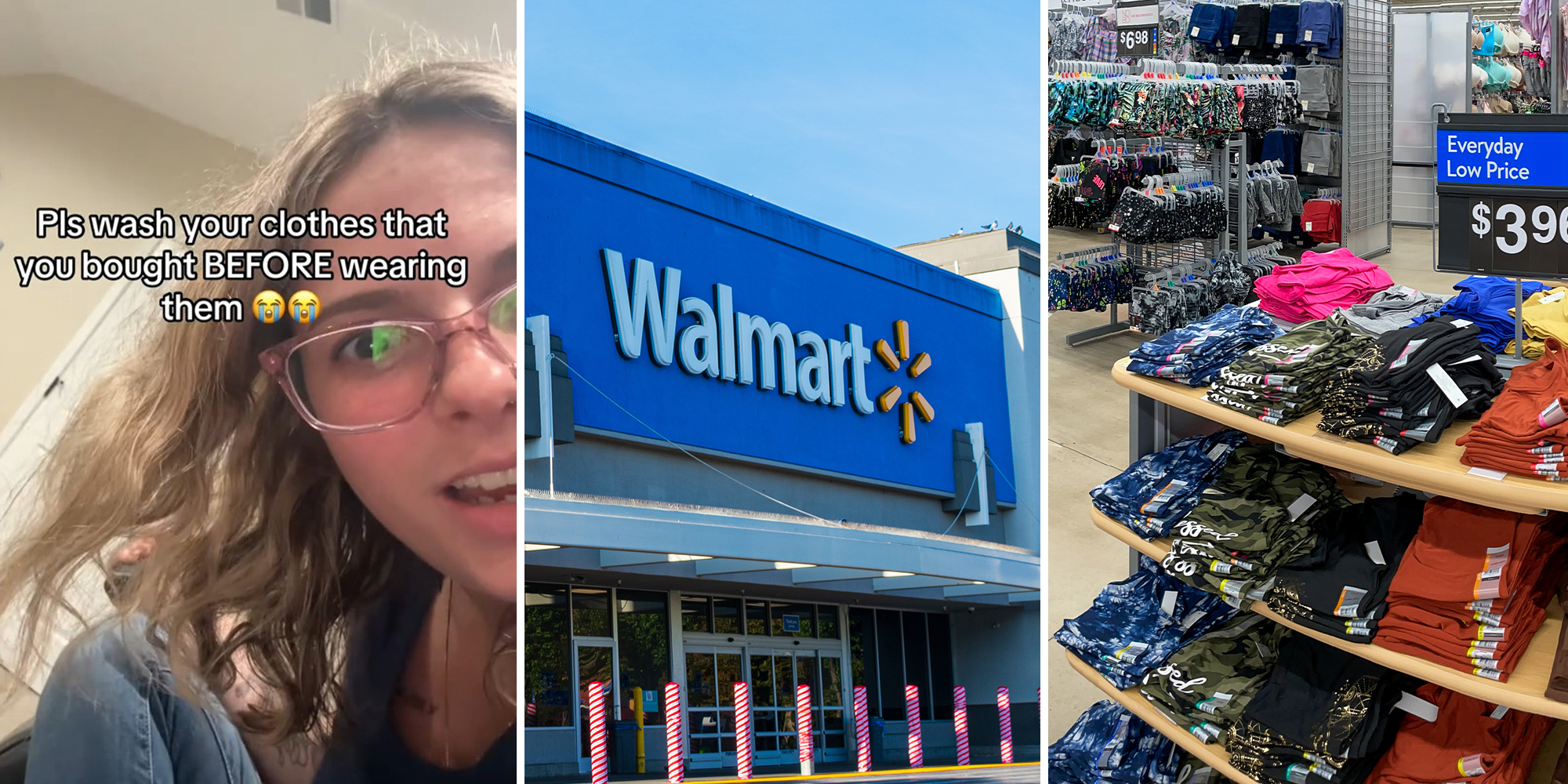 woman wearing glasses(l) Walmart Store Front(c) Walmart Clothes Display(r)