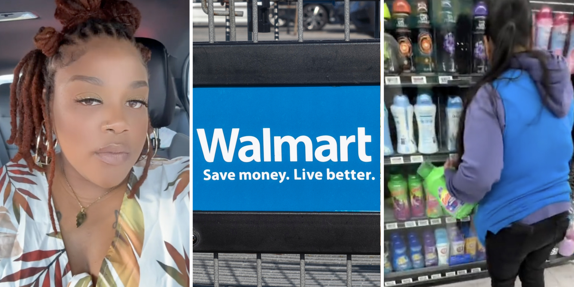 Woman talking(l), Walmart cart(c), Walmart worker getting items from behind locked cabinents(r)