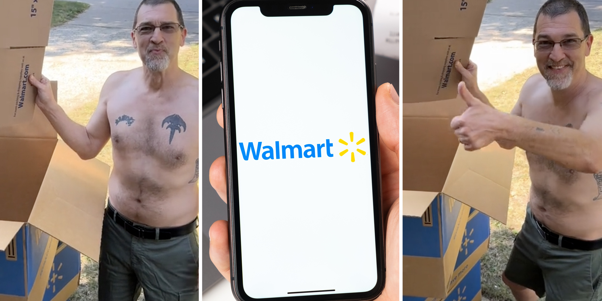 Man with boxes(l), Hand holding phone with walmart app(c), Man giving thumbs up(r)