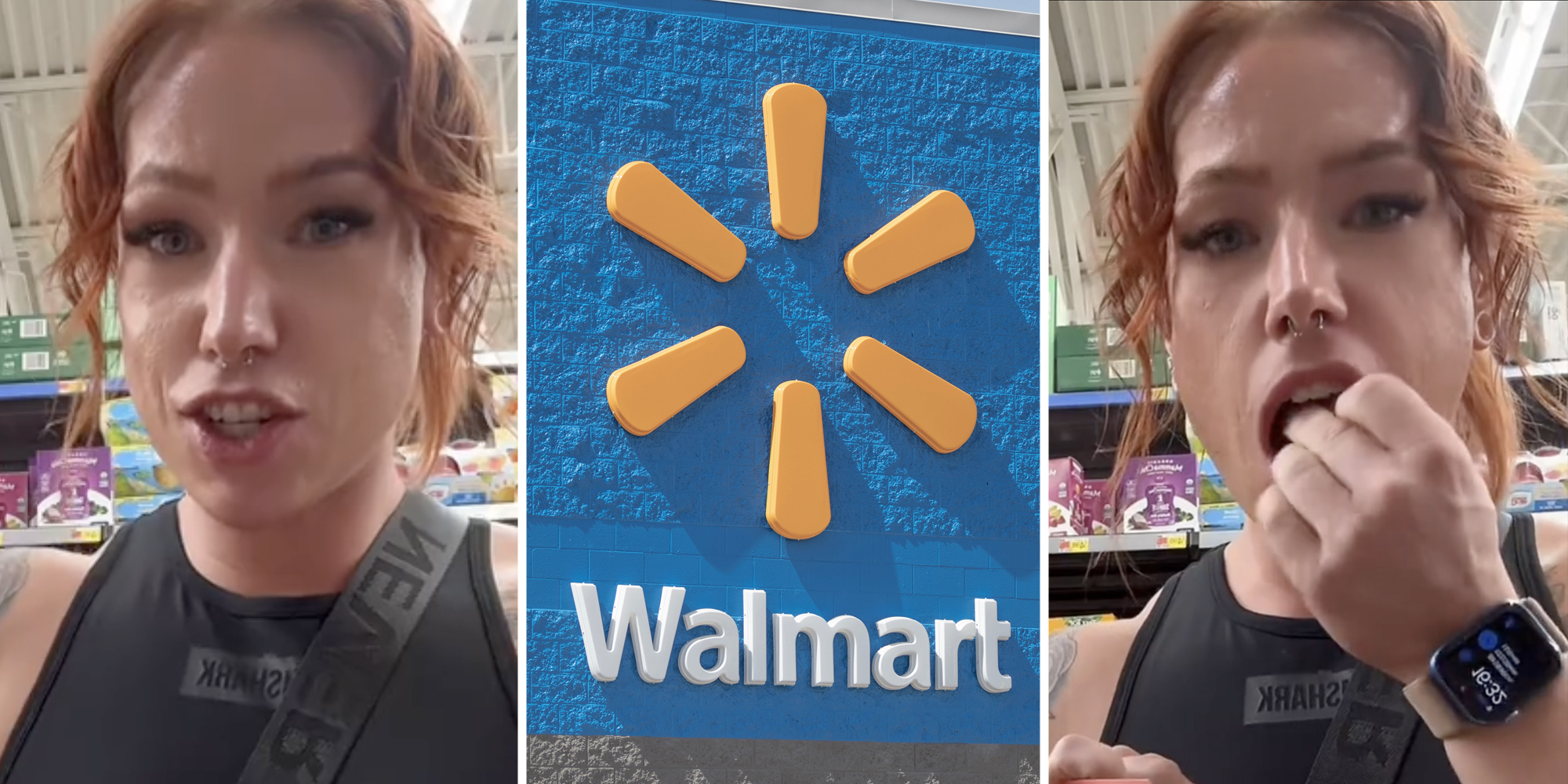 Woman talking(l), Walmart sign(c), Woman putting food in her mouth(r)