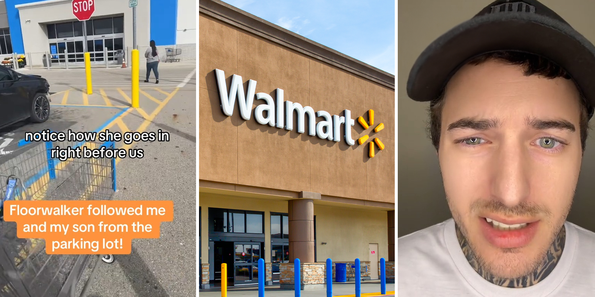 woman walking In front of walmart parking lot (l) young man with neck tattoo wearing a white t-Shirt and black Cap