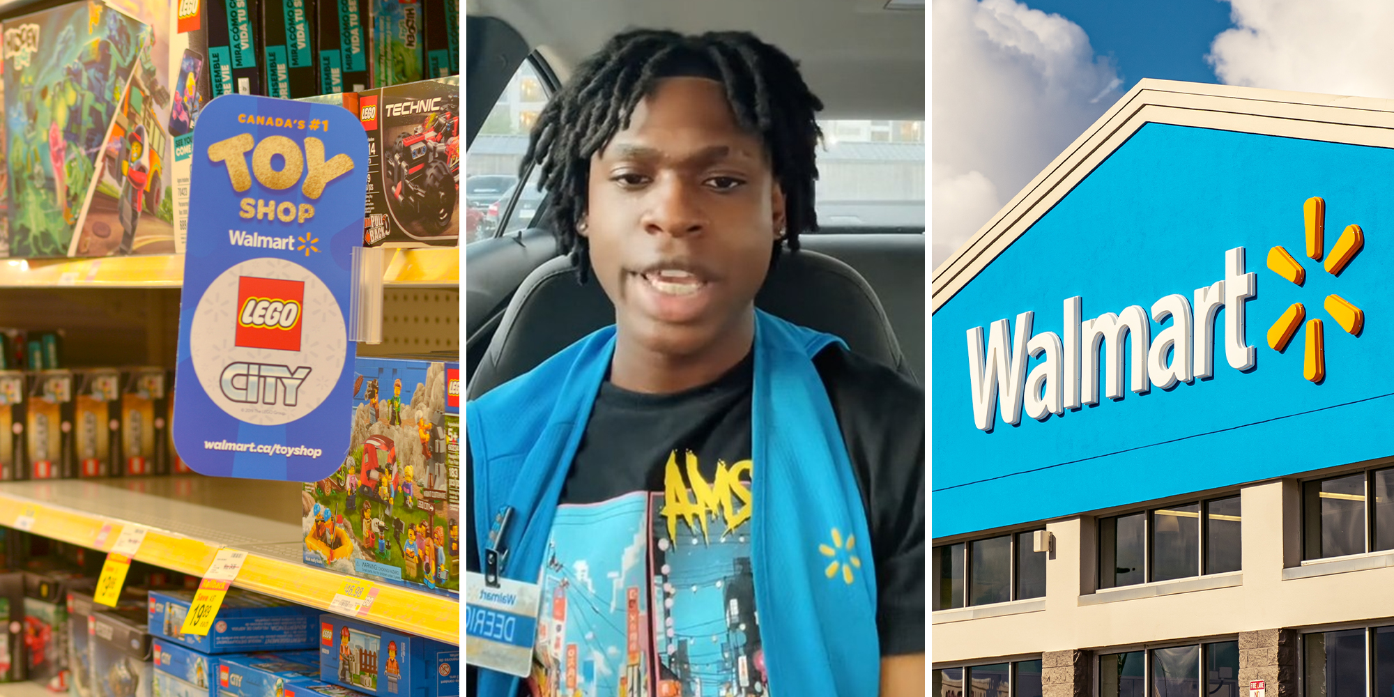 Toy Shop Walmart Sign(l) Walmart Employee(c) Walmart Store Front(r)