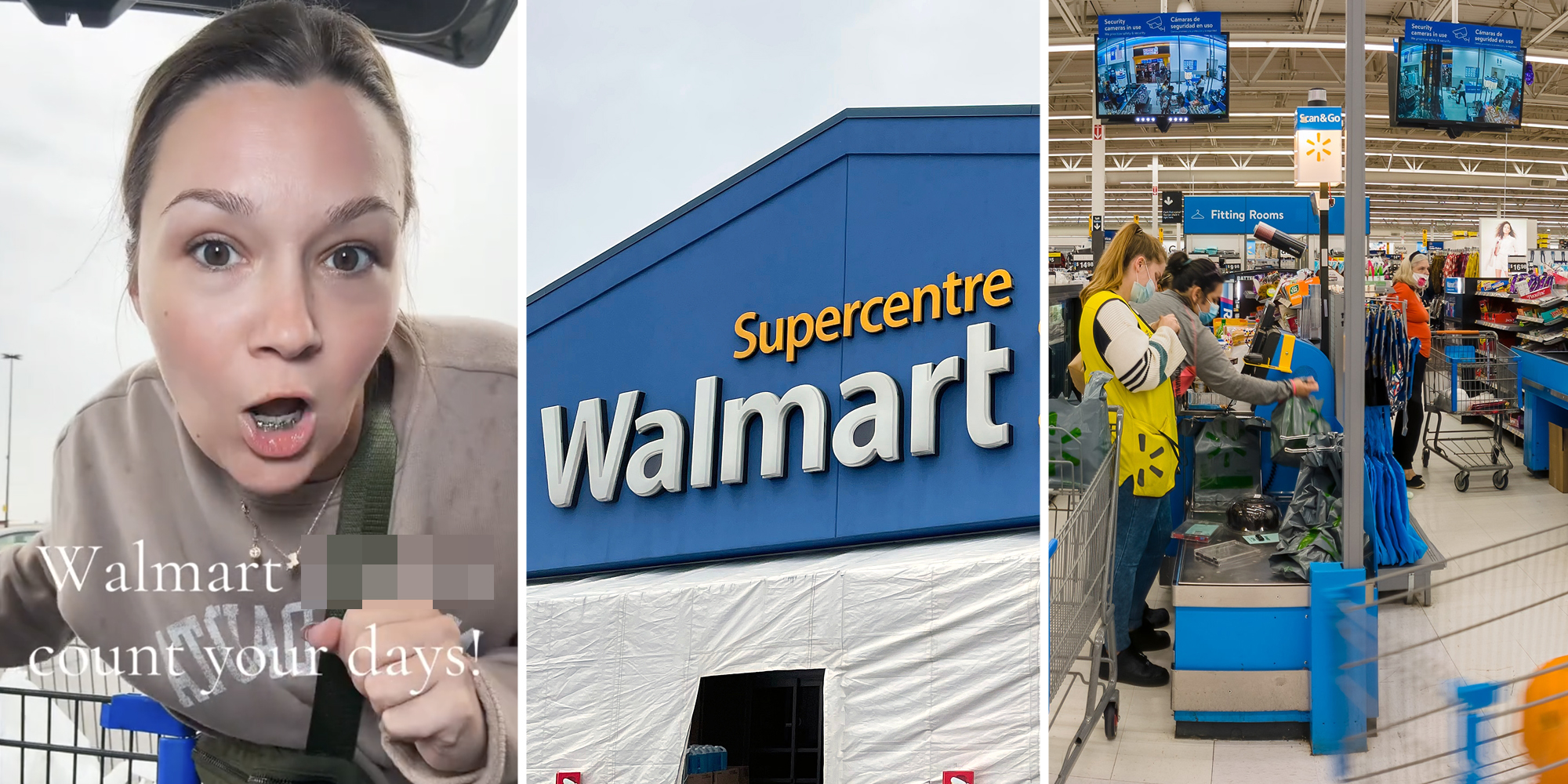Woman talking saying "Walmart *censored* count your days!"(l), Walmart storefront(c), Interior walmart check out(r)