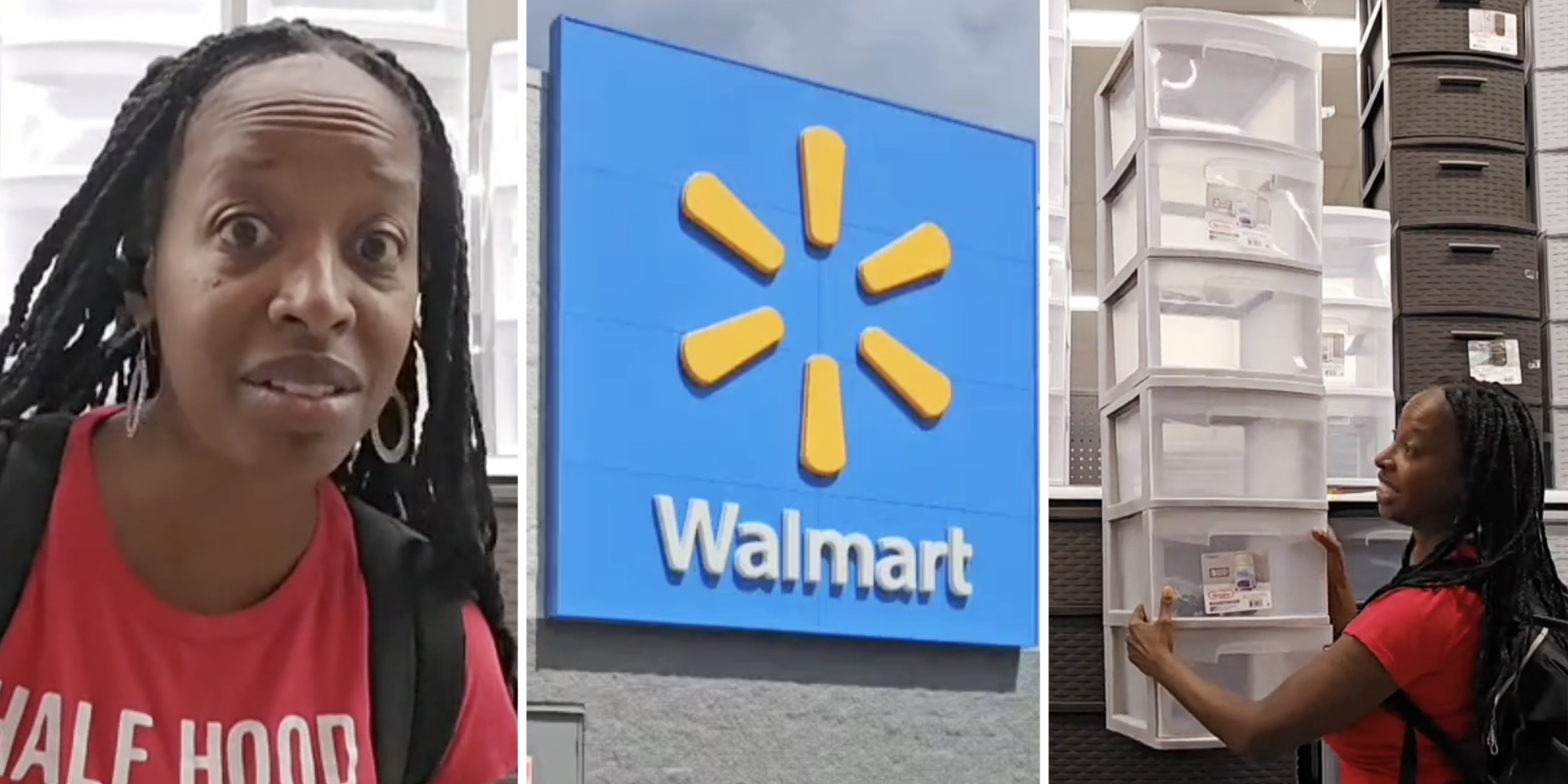 Woman talking(l), Walmart storefront(c), Woman holding Sterilite rolling cart(r)