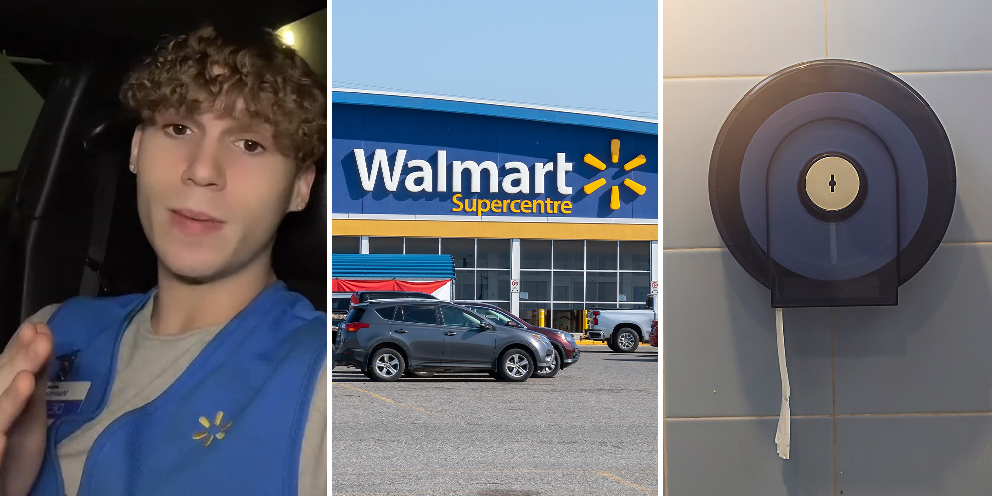 walmart employee sharing information(l) Walmart store front(c) locked toilet paper holder(r)