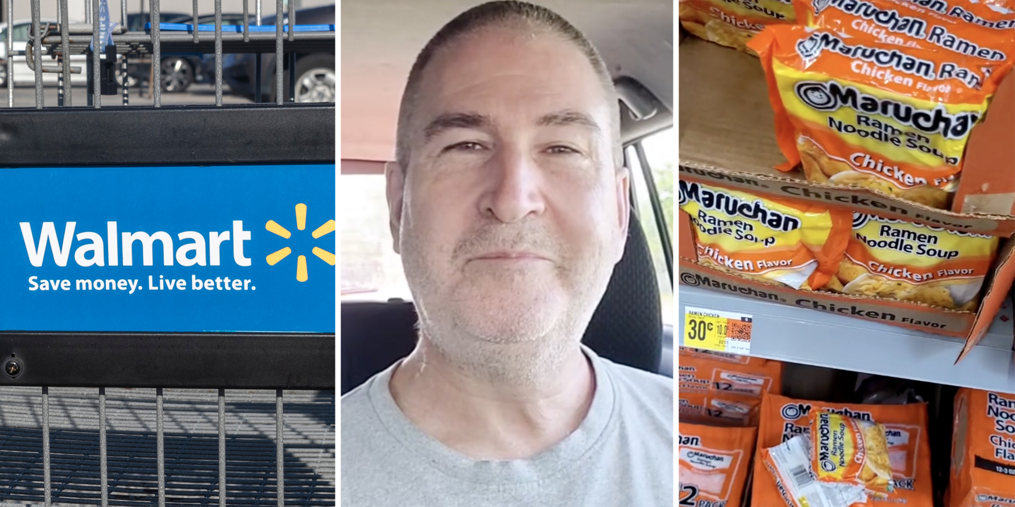 Walmart cart(l), Man smiling(c), Maruchan ramen packages(r)