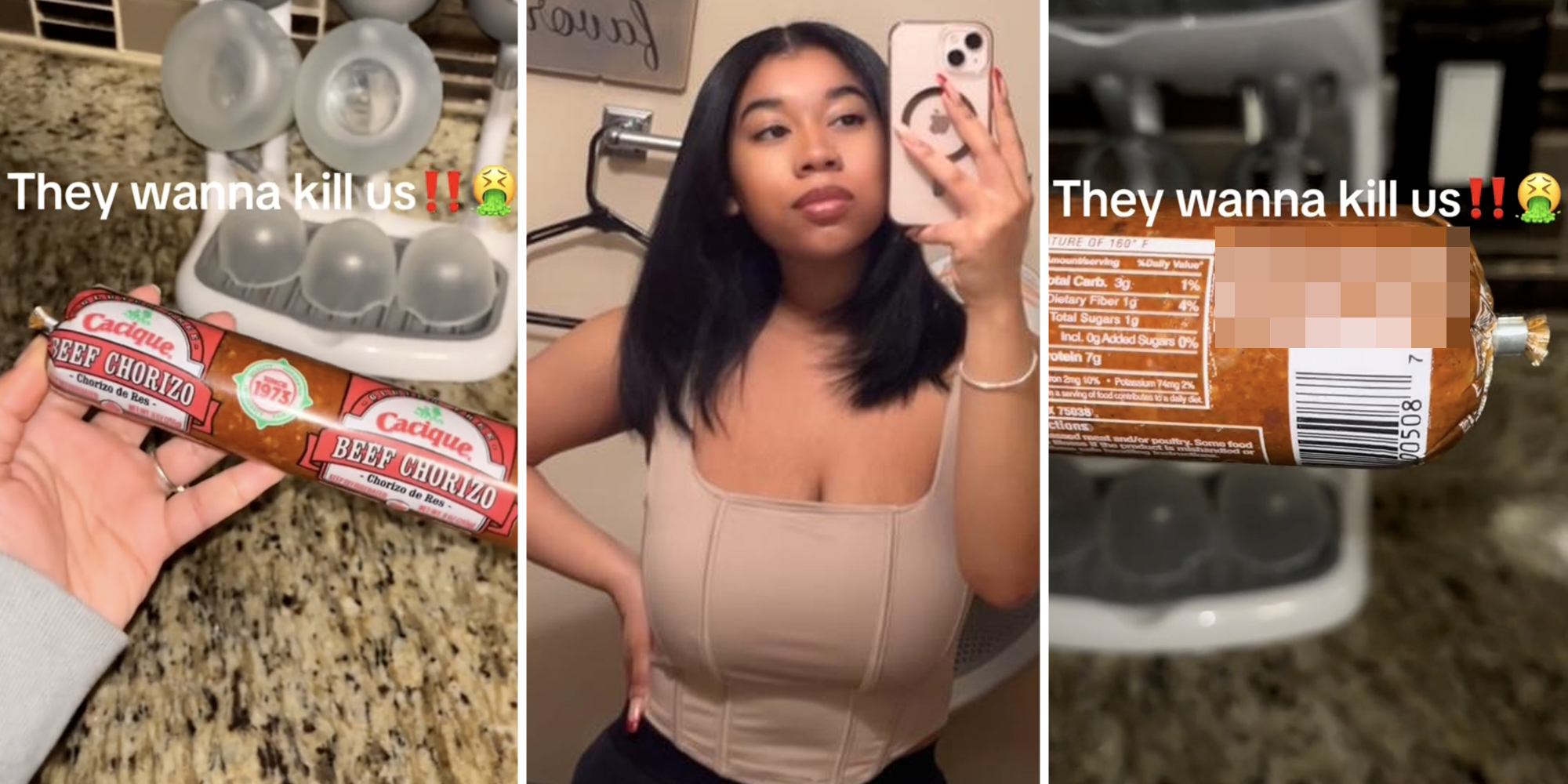 Hand holding front side of cacique beef chorizo package with text "they wanna kill us!!"(l), Woman posing with phone(c), Backside of chorizo filtered out(r)