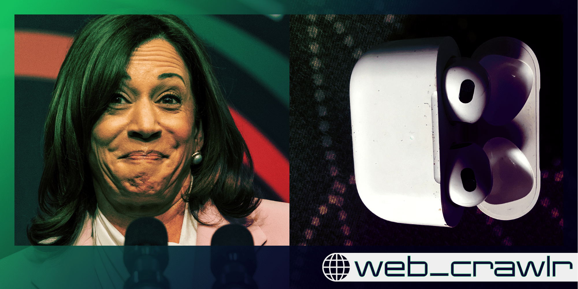 Kamala Harris next to AirPods. The Daily Dot newsletter web_crawlr logo is in the bottom right corner.