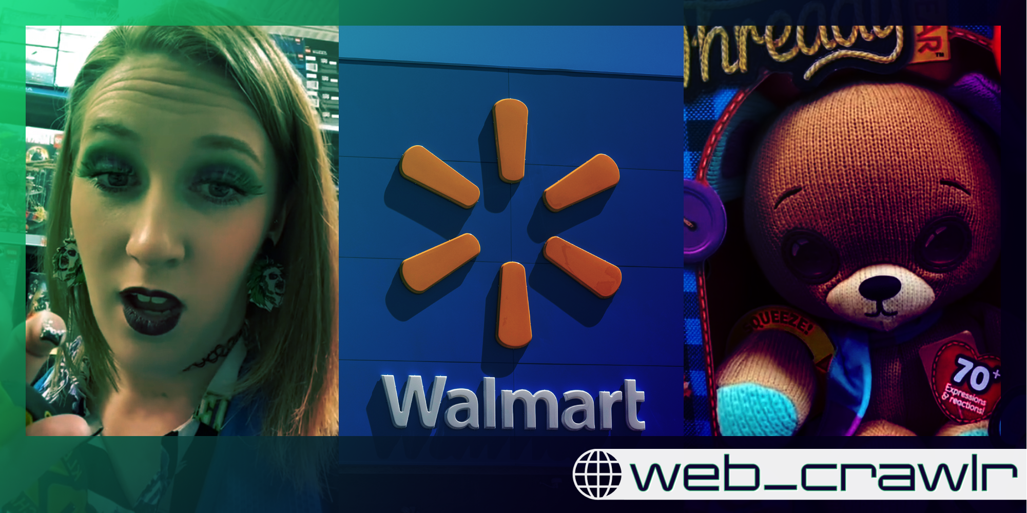 A toy, a Walmart sign, and a woman looking at the camera. The Daily Dot newsletter web_crawlr logo is in the bottom right corner.