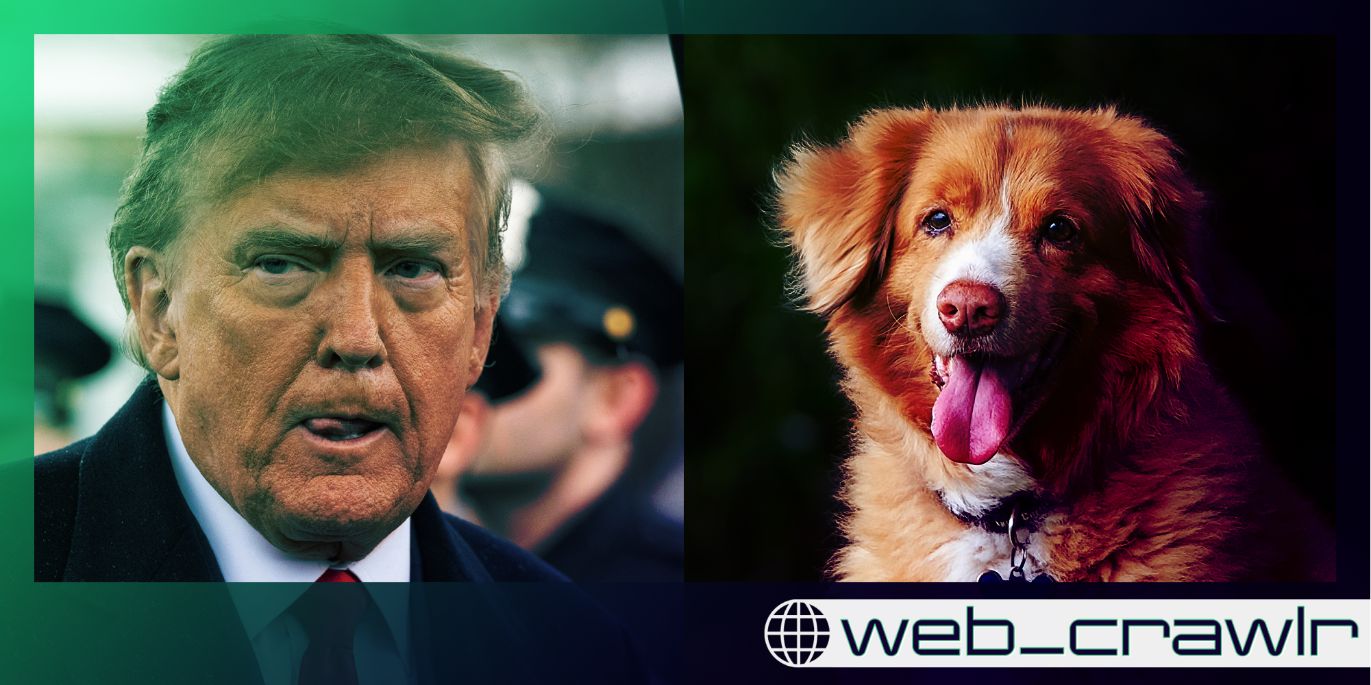 Donald Trump with his tongue out next to a dog. The Daily Dot newsletter web_crawlr logo is in the bottom right corner.