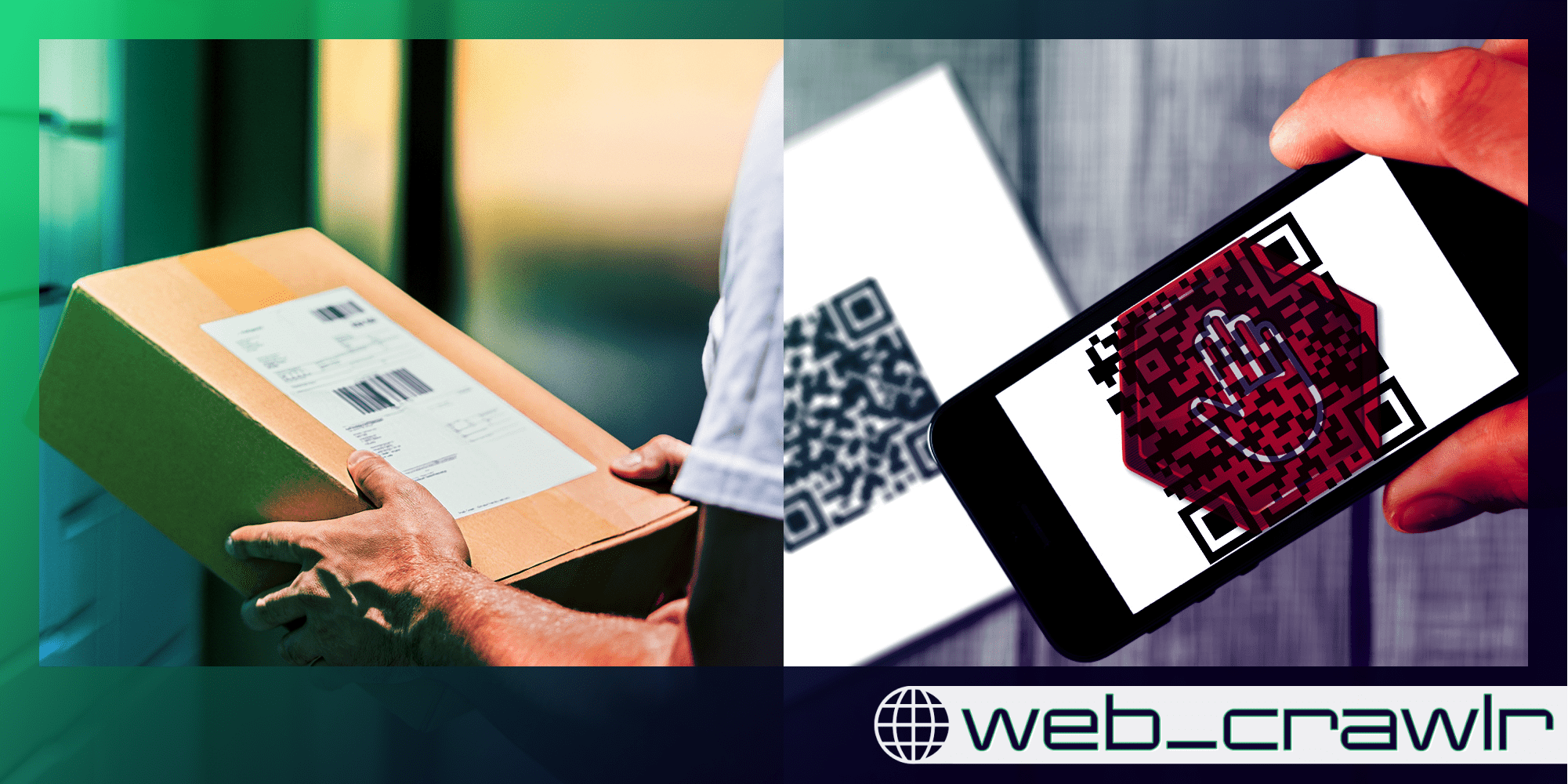 A person holding a package next to a phone with a QR code that has a red hand over it. The Daily Dot newsletter web_crawlr logo is in the bottom right corner.