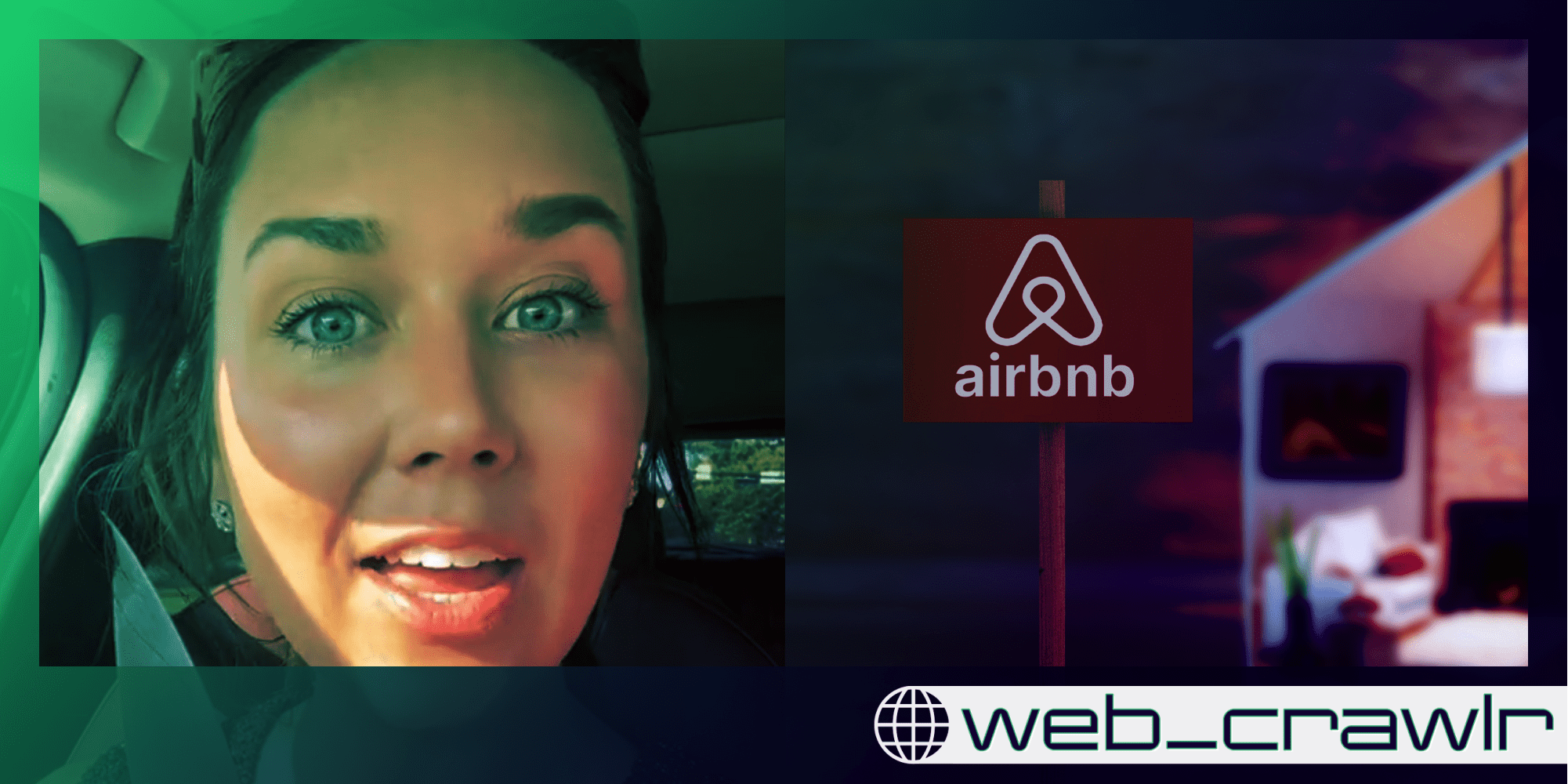 A woman speaking to the camera next to an Airbnb sign. The Daily Dot newsletter web_crawlr logo is in the bottom right corner.