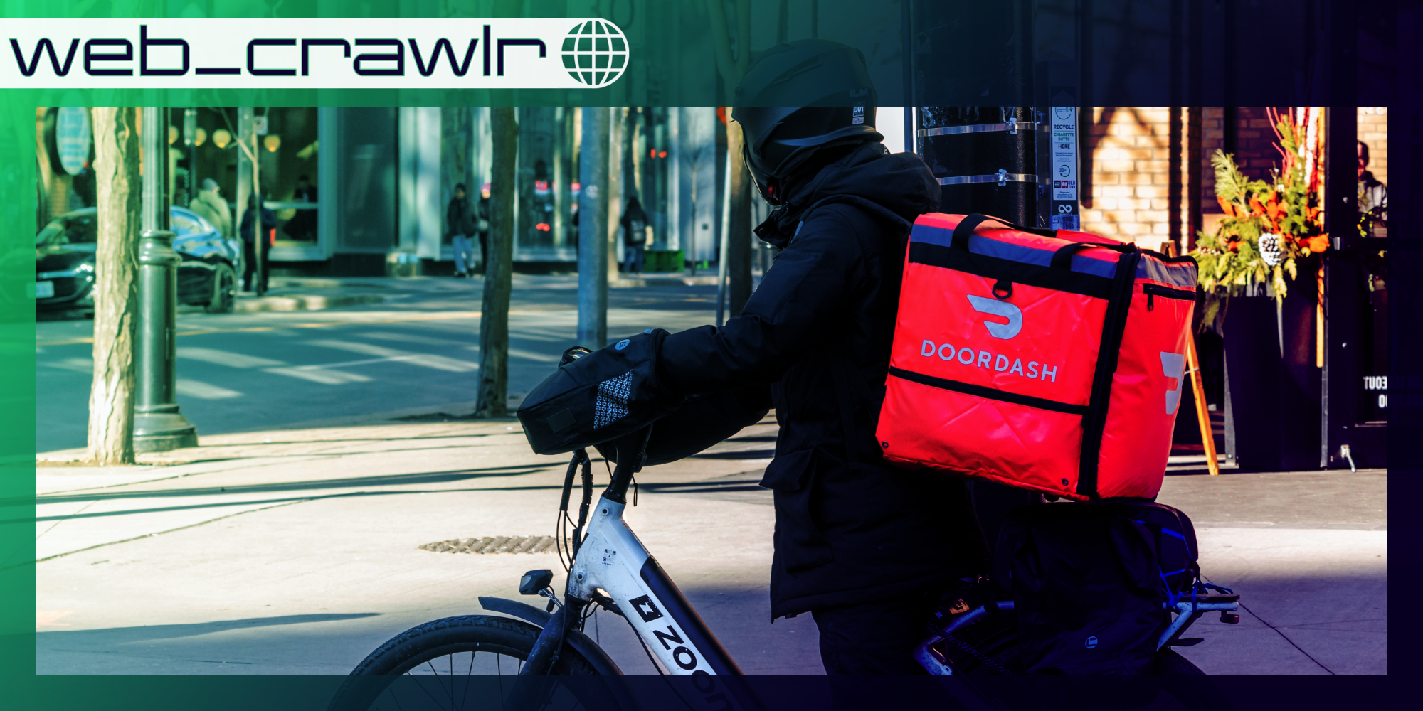 A DoorDasher on a bike. The Daily Dot newsletter web_crawlr logo is in the top left corner.