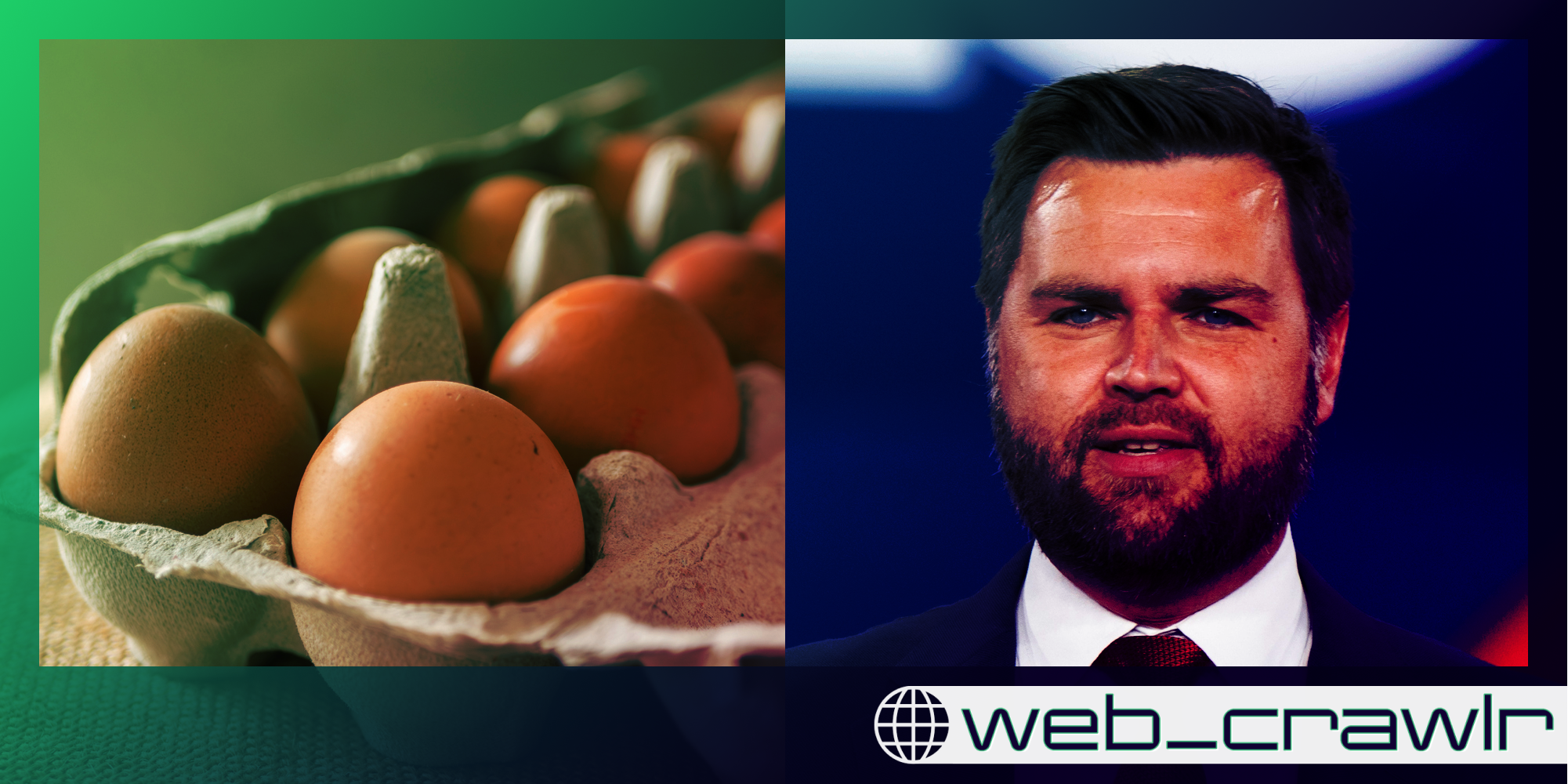 A carton of eggs and JD Vance. The Daily Dot newsletter web_crawlr logo is in the bottom right corner.