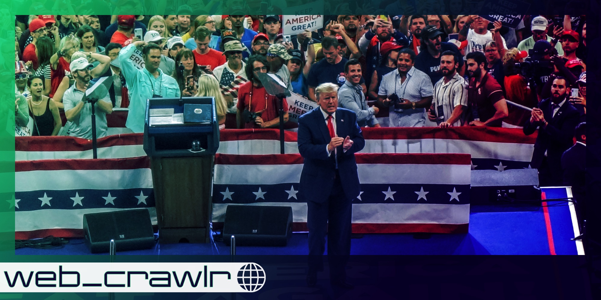 Donald Trump at one of his rallies. The Daily Dot newsletter web_crawlr logo is in the bottom left corner.