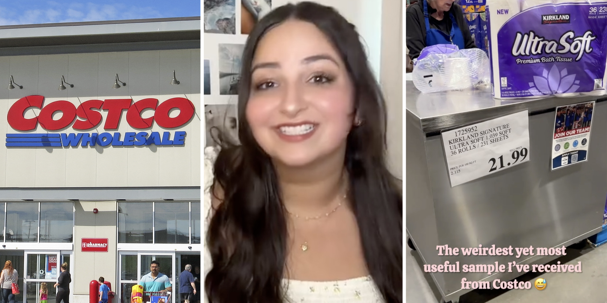 Costco storefront(l), Woman smiling(c), Costco sample station(r)