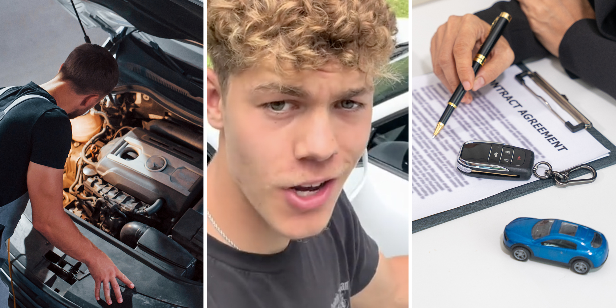 Mechanic working on car(l), Man talking(c), Hand with pen over car contract with car keys and miniature car(r)