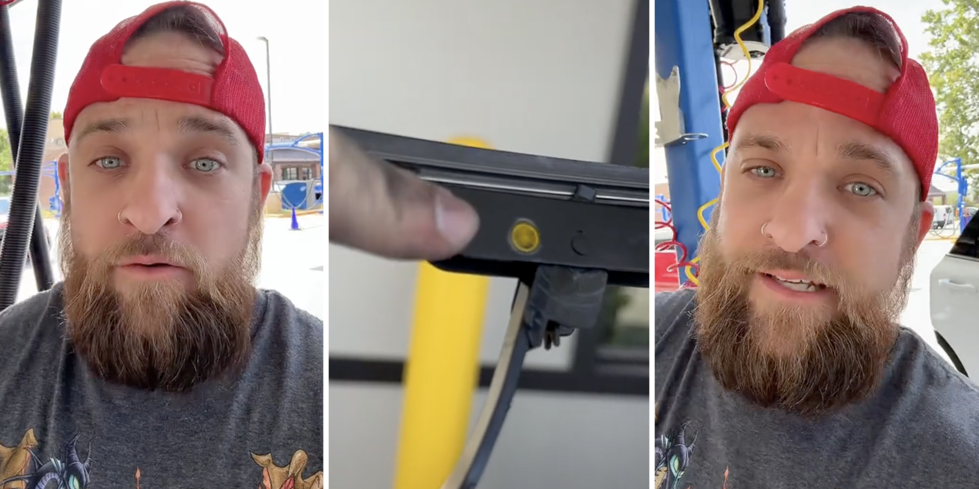 Man talking(l+r), Finger pointing to dot on windshield wiper(c)