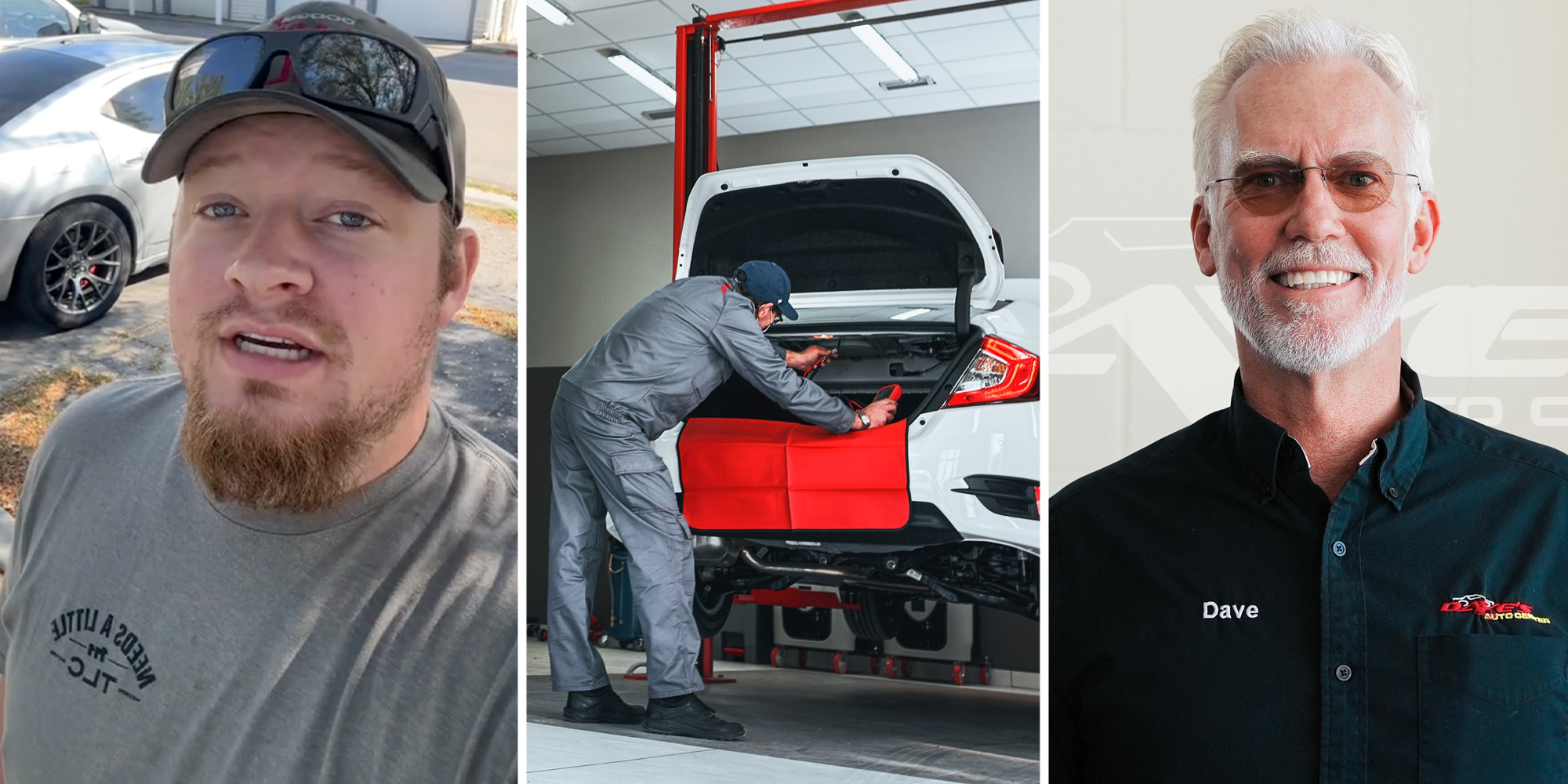 Man talking(l), Mechanic working on car(c), Dave of Dave's Auto Center smiling(r)