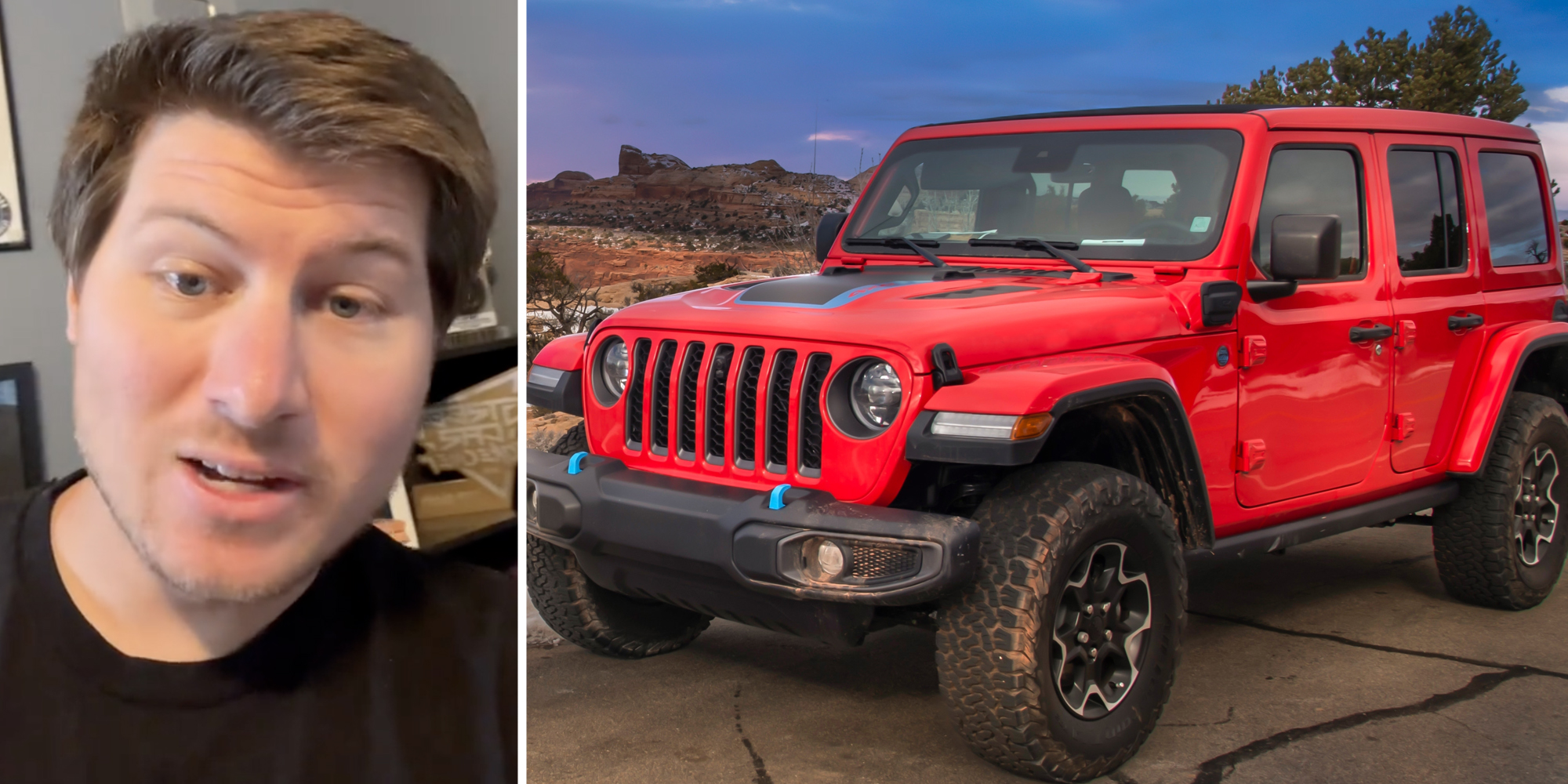 Man talking(l), Jeep Wrangler(r)