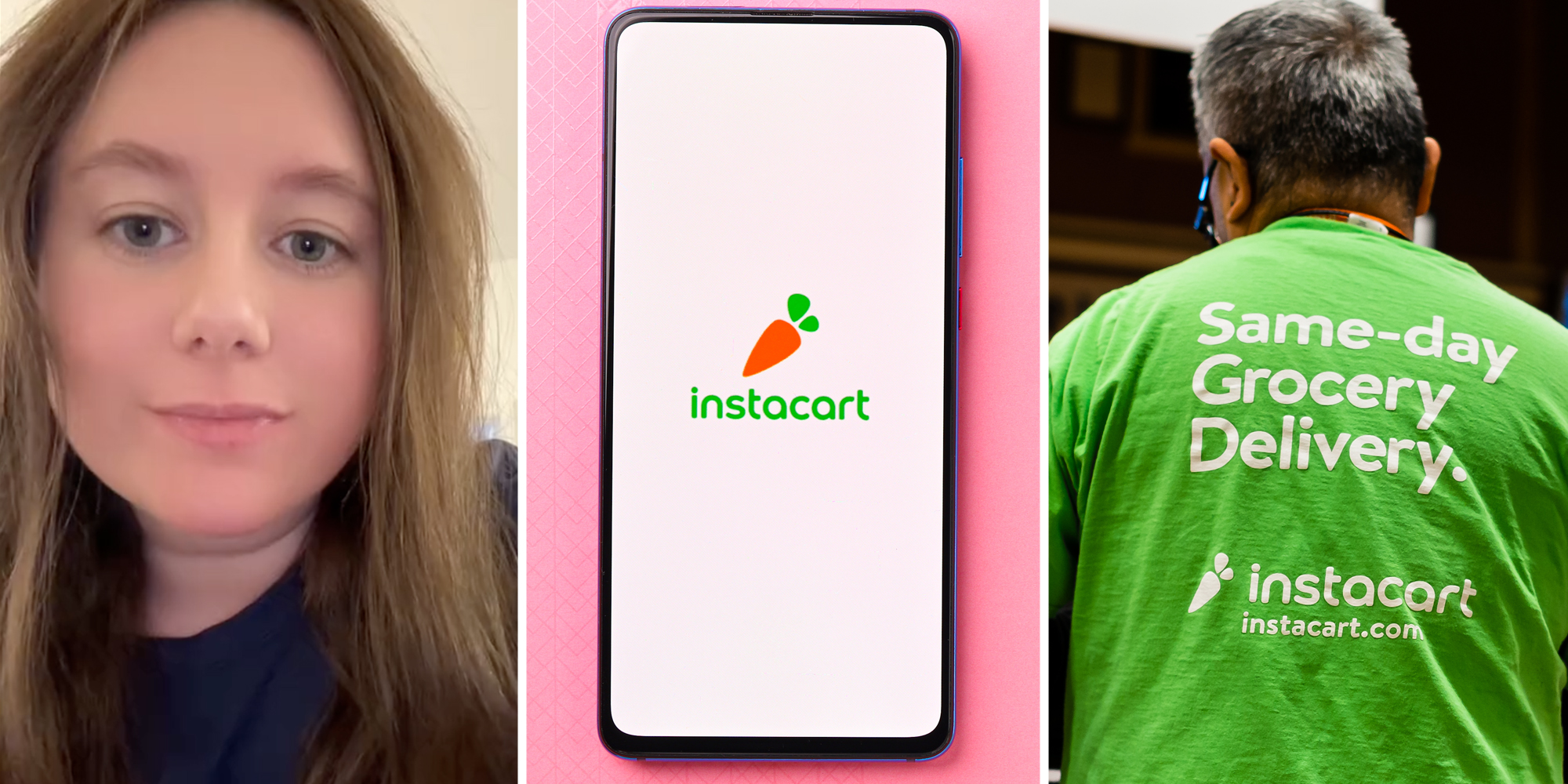 Woman talking(l), Phone with instacart app(c), Man with instacart tshirt on(r)