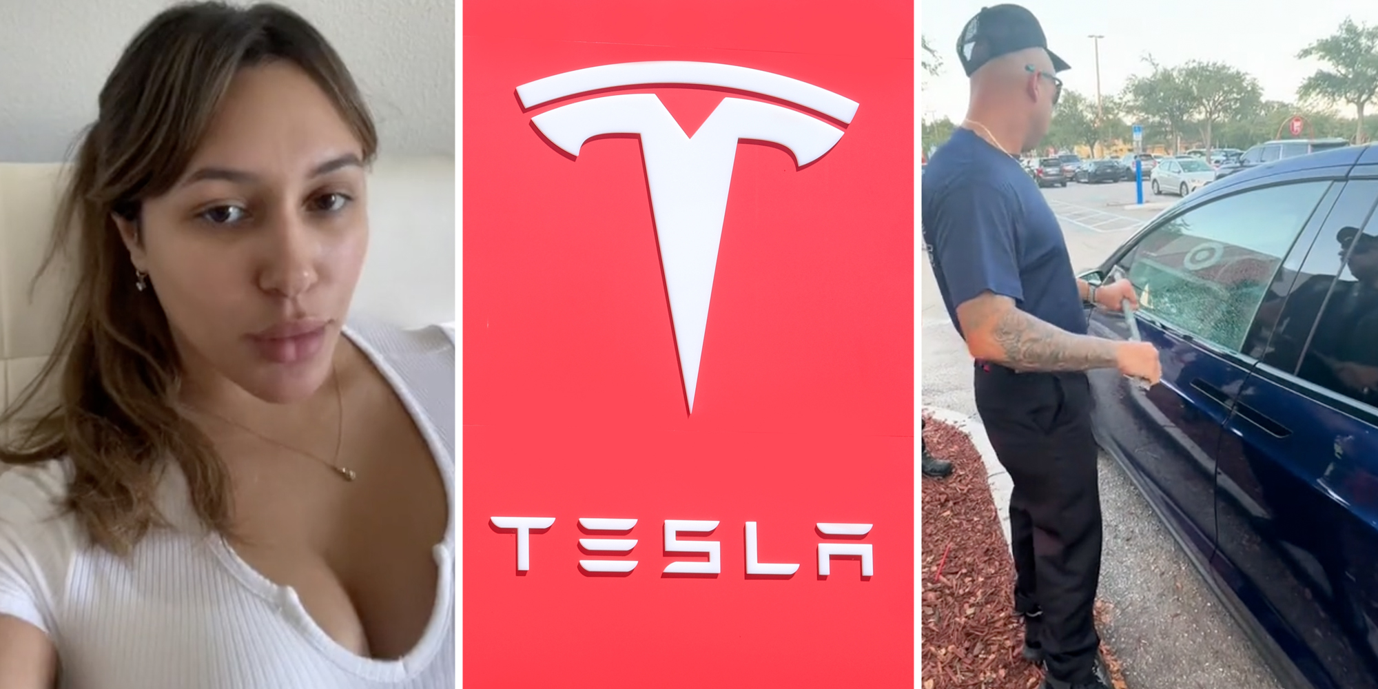 Woman talking(l), Tesla sign(c), Man opening car window(r)