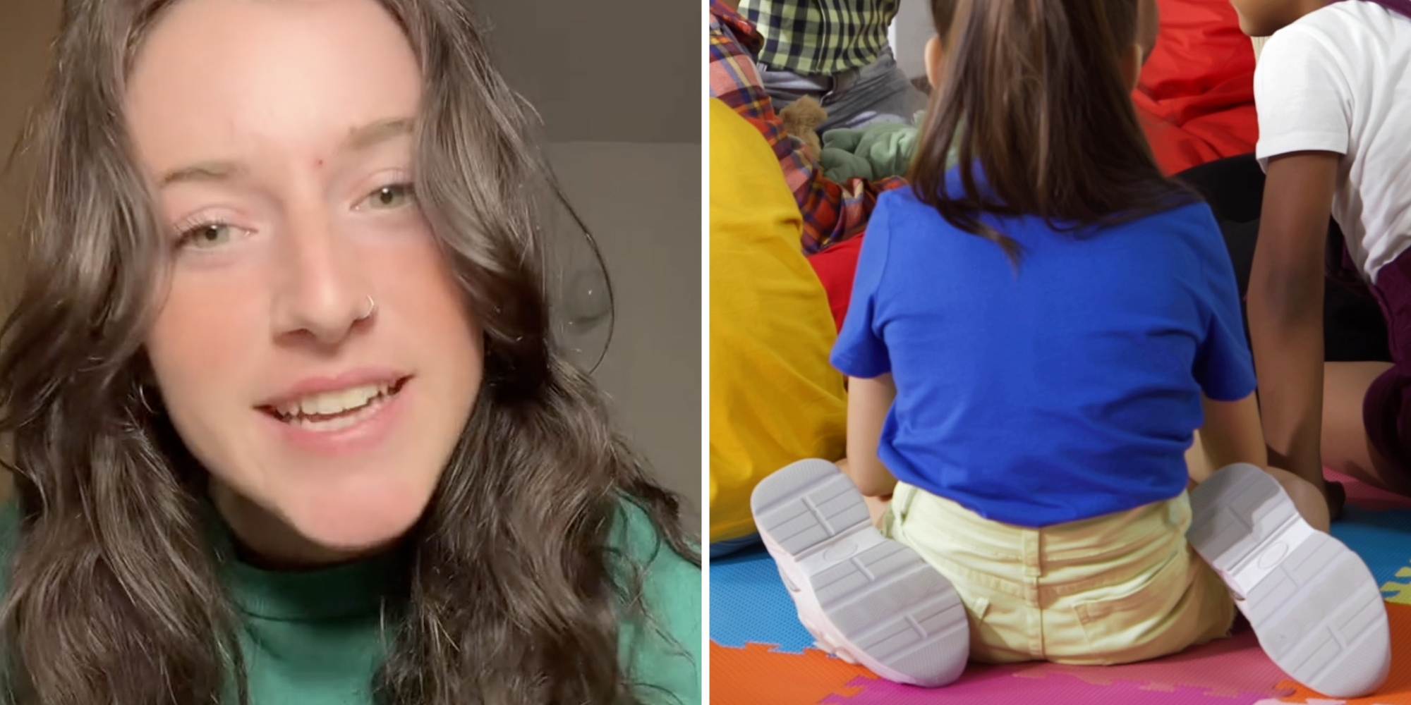 Woman talking(l), Child sitting in w shape from behind(r)