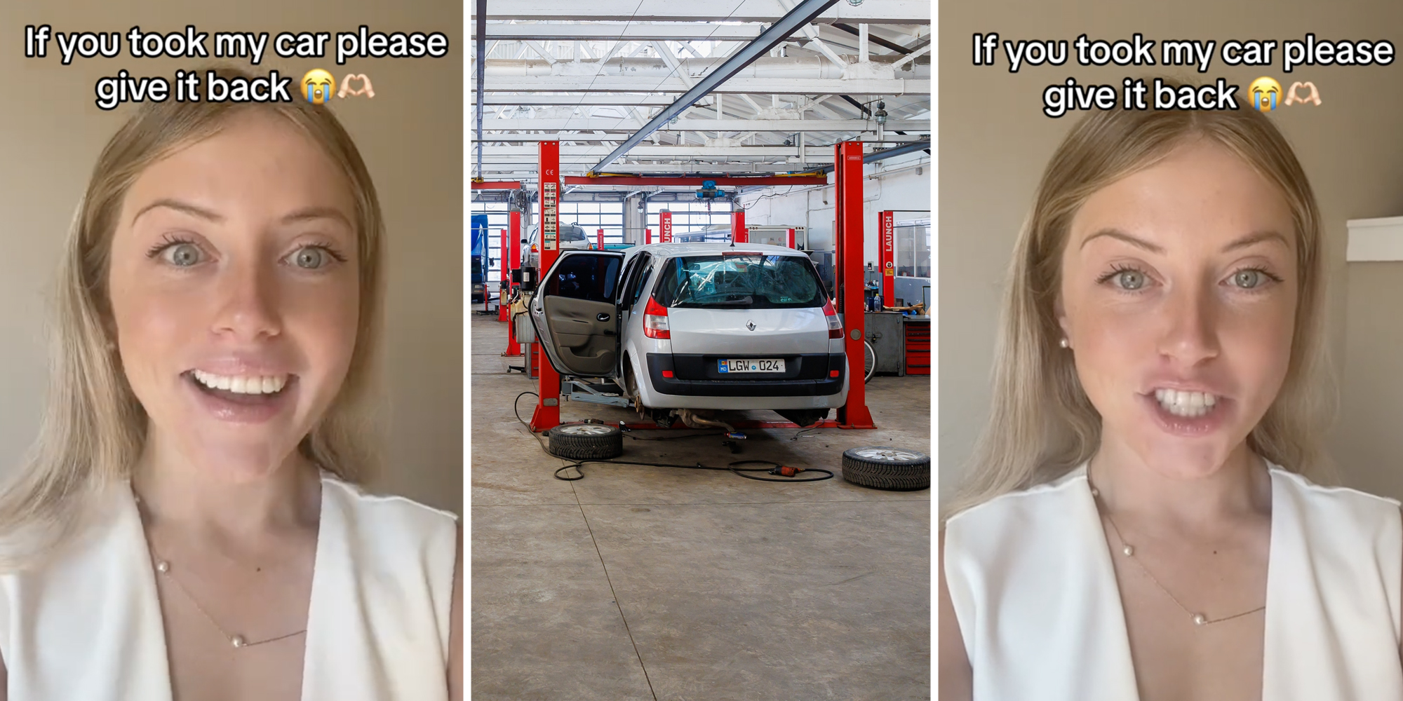 Woman talking with text that says "if you took my car please give it back"(l+r), Car in auto body shop(c)
