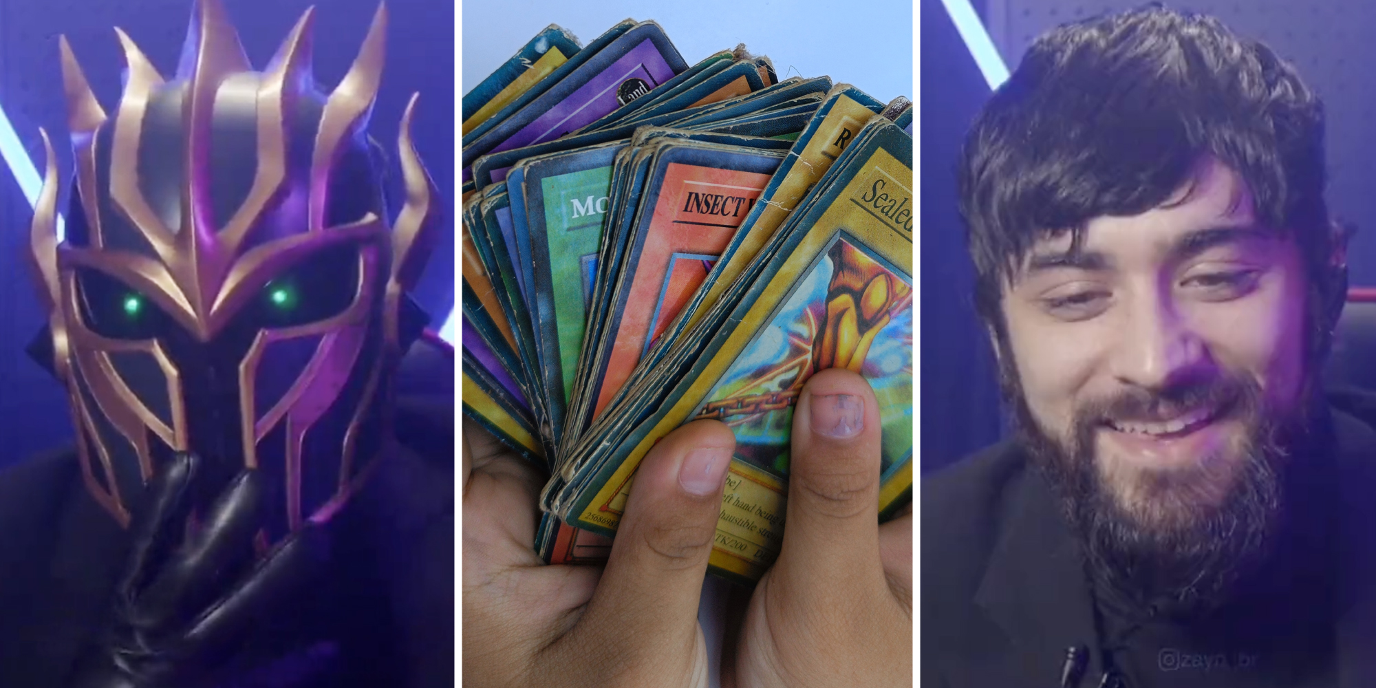 Man with mask on(l), Hands holding yu-gi-oh cards(c), Zayn Malik smiling(r)
