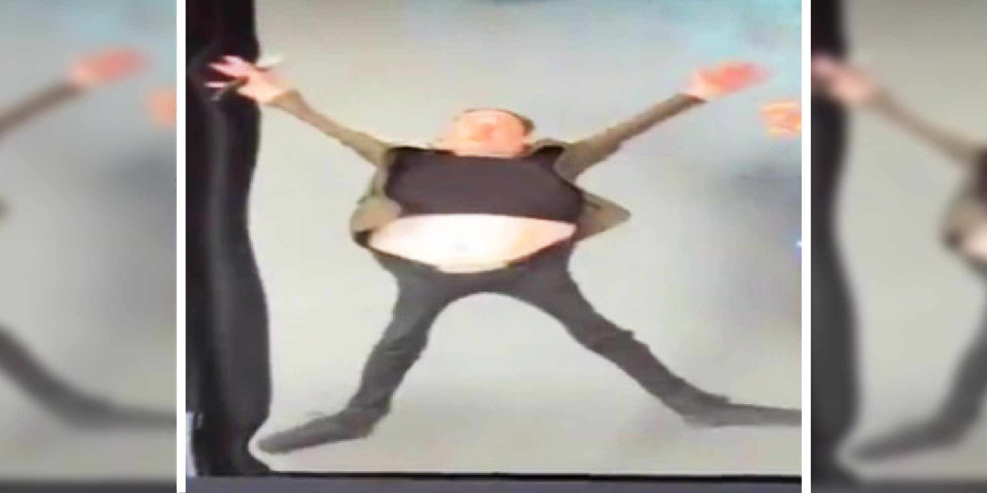 Funny, weird image of Elon Musk jumping in the air but distorted so looks in the shape of the letter X.