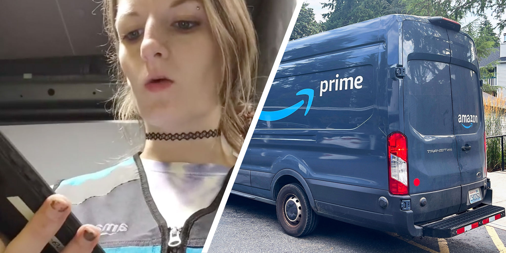 Two panel design with one showing an Amazon prime working inside of the truck, they are looking at thier phoe The 2nd panel shows a Prime delivery truck.