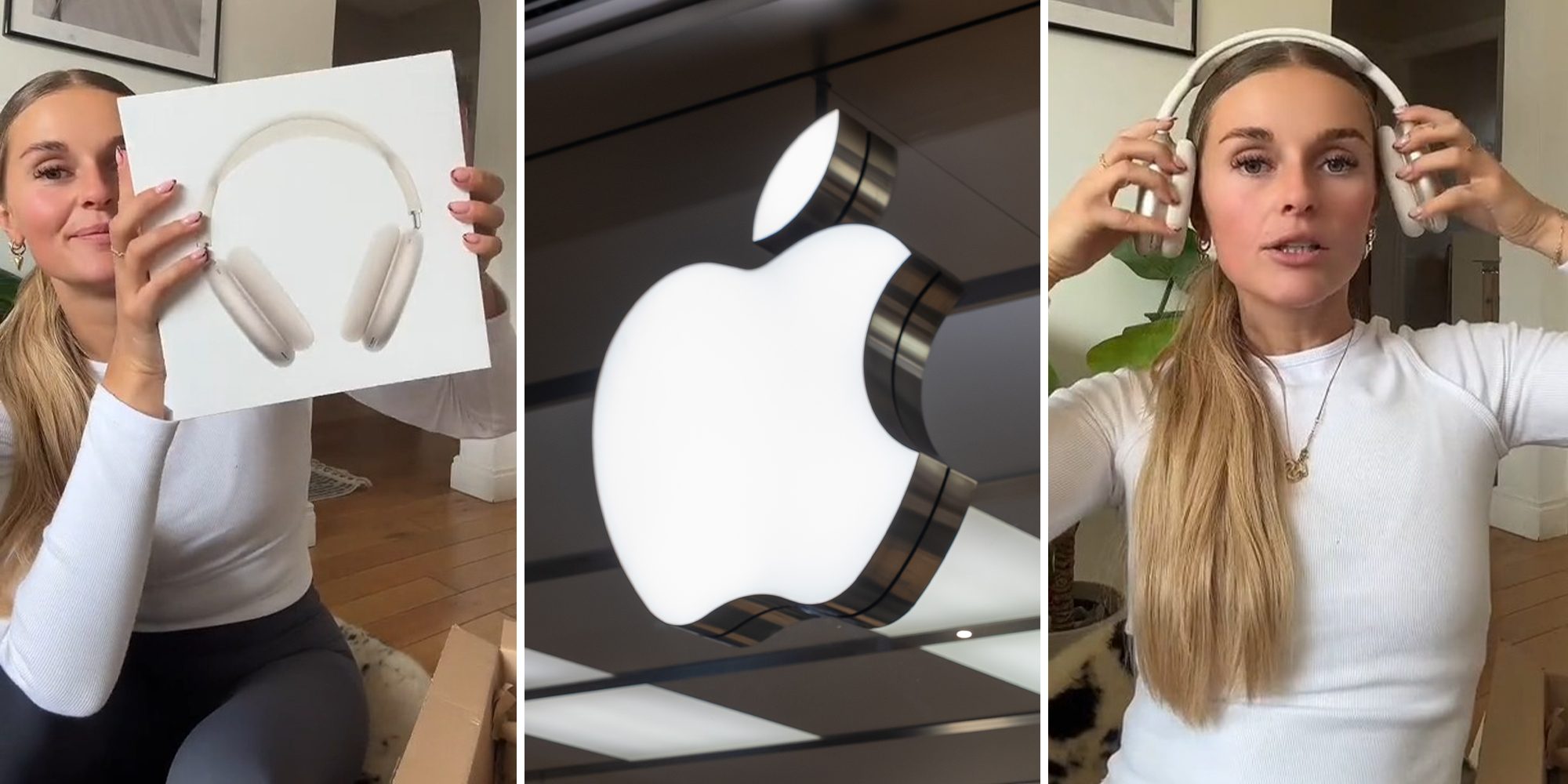 Woman holding up airpods max box(l) Apple Store Logo(c) Woman putting on airpods max(r)