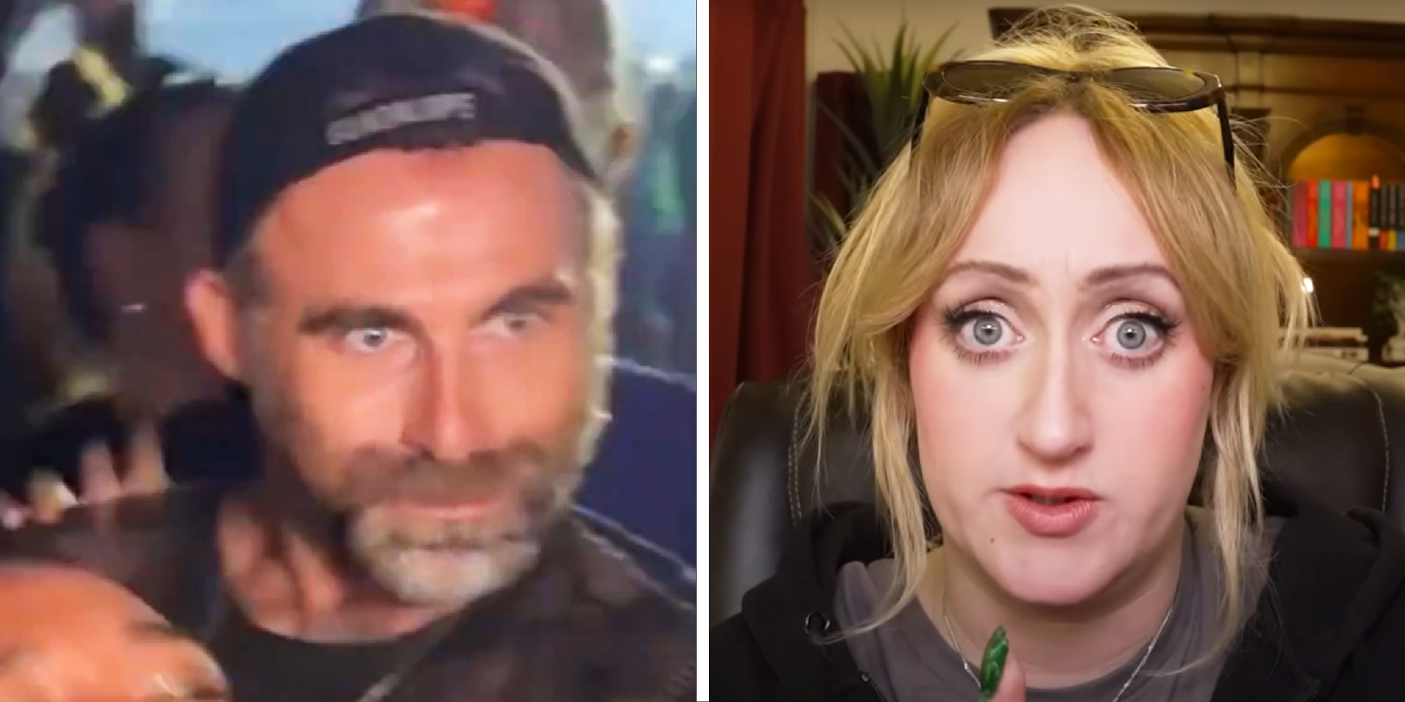 Two panel image - on the left side is a bearded person with a wild expression on their face and on the right is a woman looking scared.