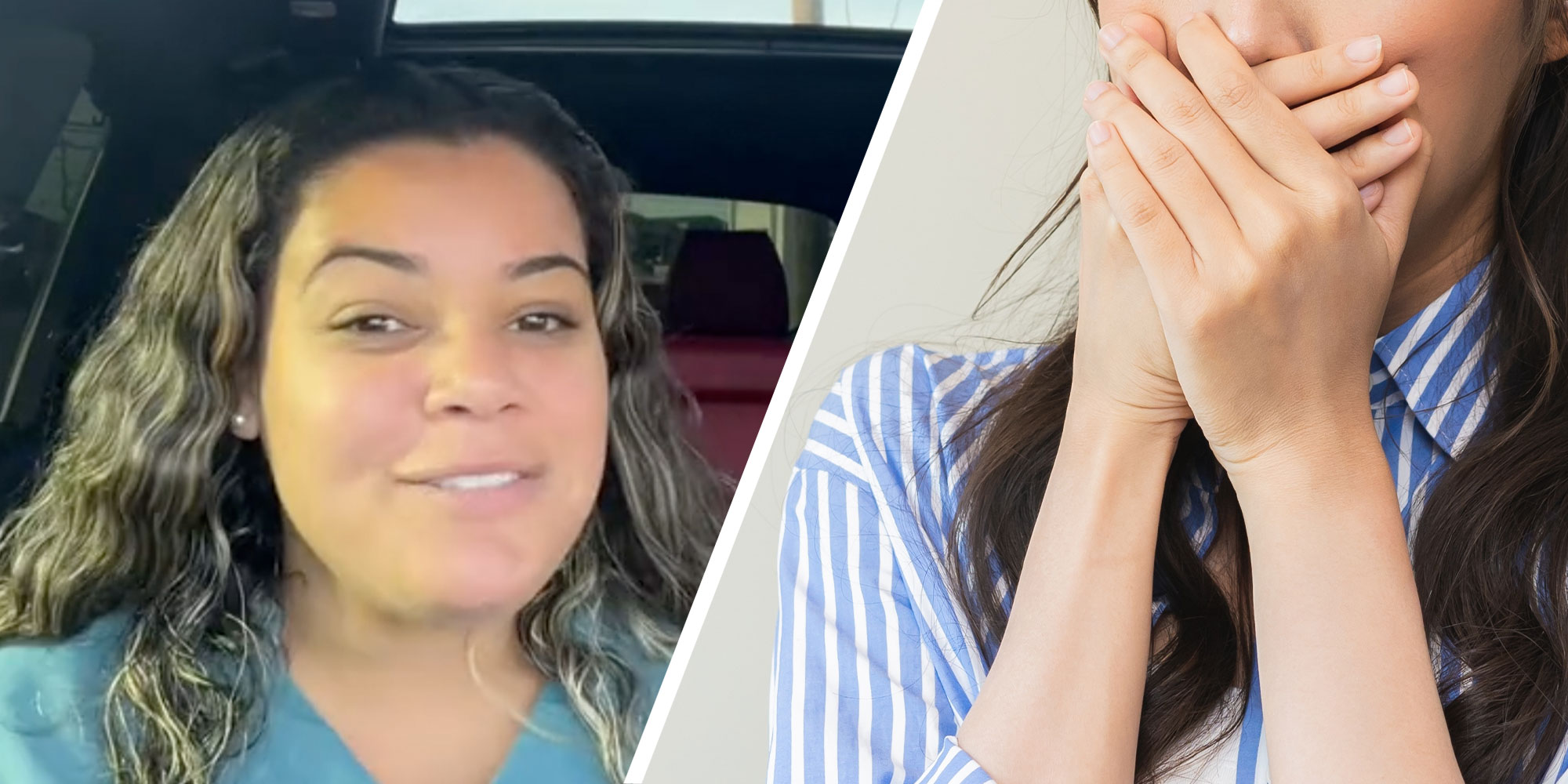 two panel design showing a woman in her car, she has a smile on her face and has wavy hair. The 2nd panel depicts a woman in a state of shock, she has her hands over her month in disbelief.