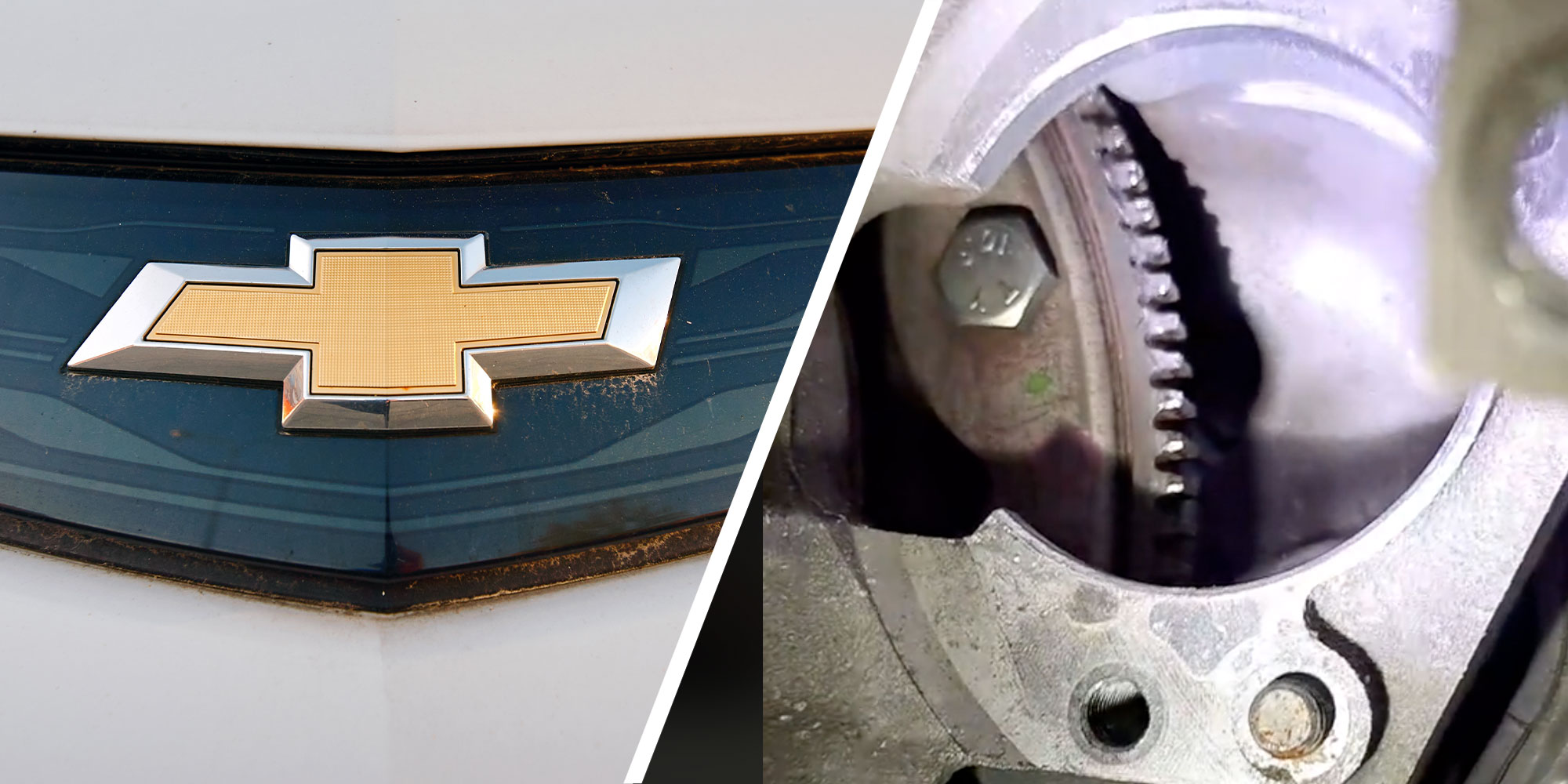 Two panel image showing a Chevy grill with the logo as the focal point. The 2nd panel shows a close up of gears inside of a Chevy.