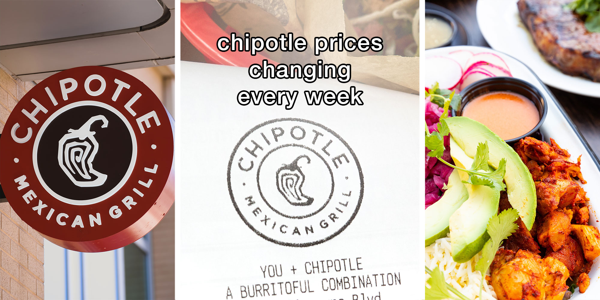 3 panel image with panel one showing photography of Chipotle sign for outside, the 2nd panel is a close up of a Chipotle receipt with type reading "Chipotle prices changing every week", the 3rd panel is a close up of Chipotle food mentioned in the TikTok video.