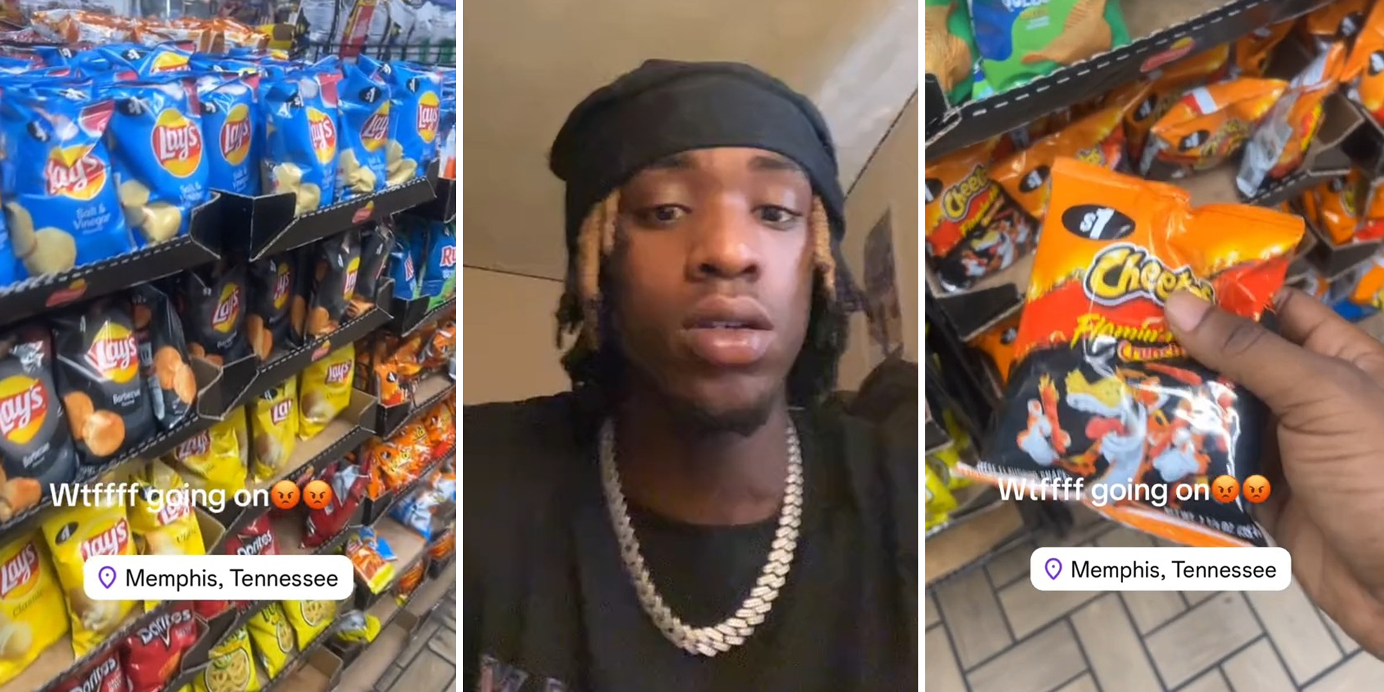 Chips stacked on shelves(l) Man wearing black shirt and big chains(c) Hand holding a small bag of cheetos chips