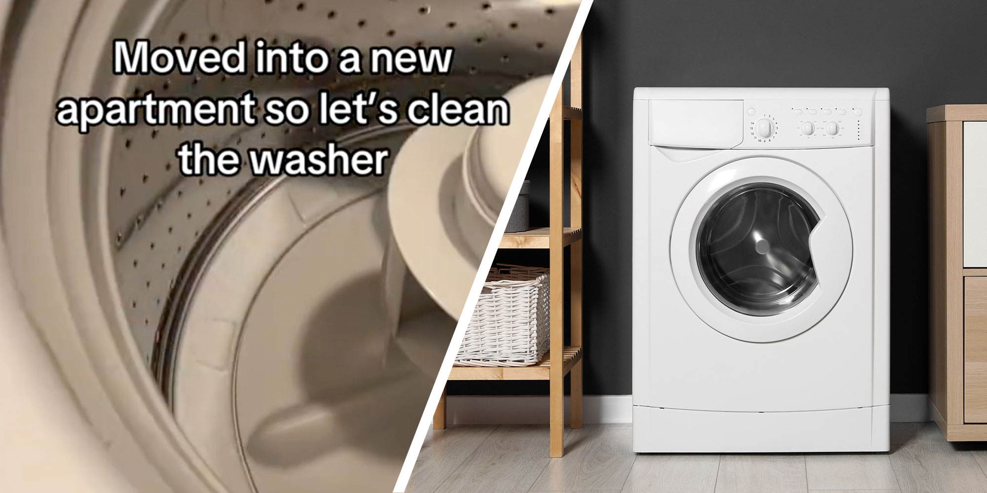 Two panel design with one showing the inside of a washing machine with text "Moved into a new apartment so let's clean the washer", the 2nd panel is of a clean laundry room.