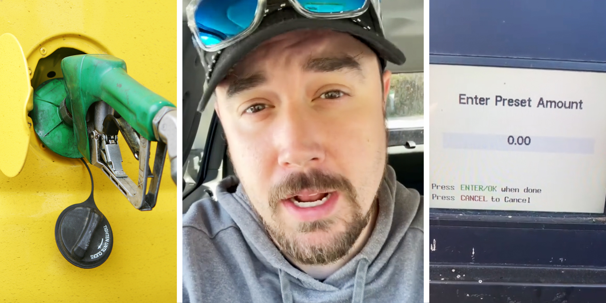 Gas pump in car(l), Man talking(c), Gas screen(r)