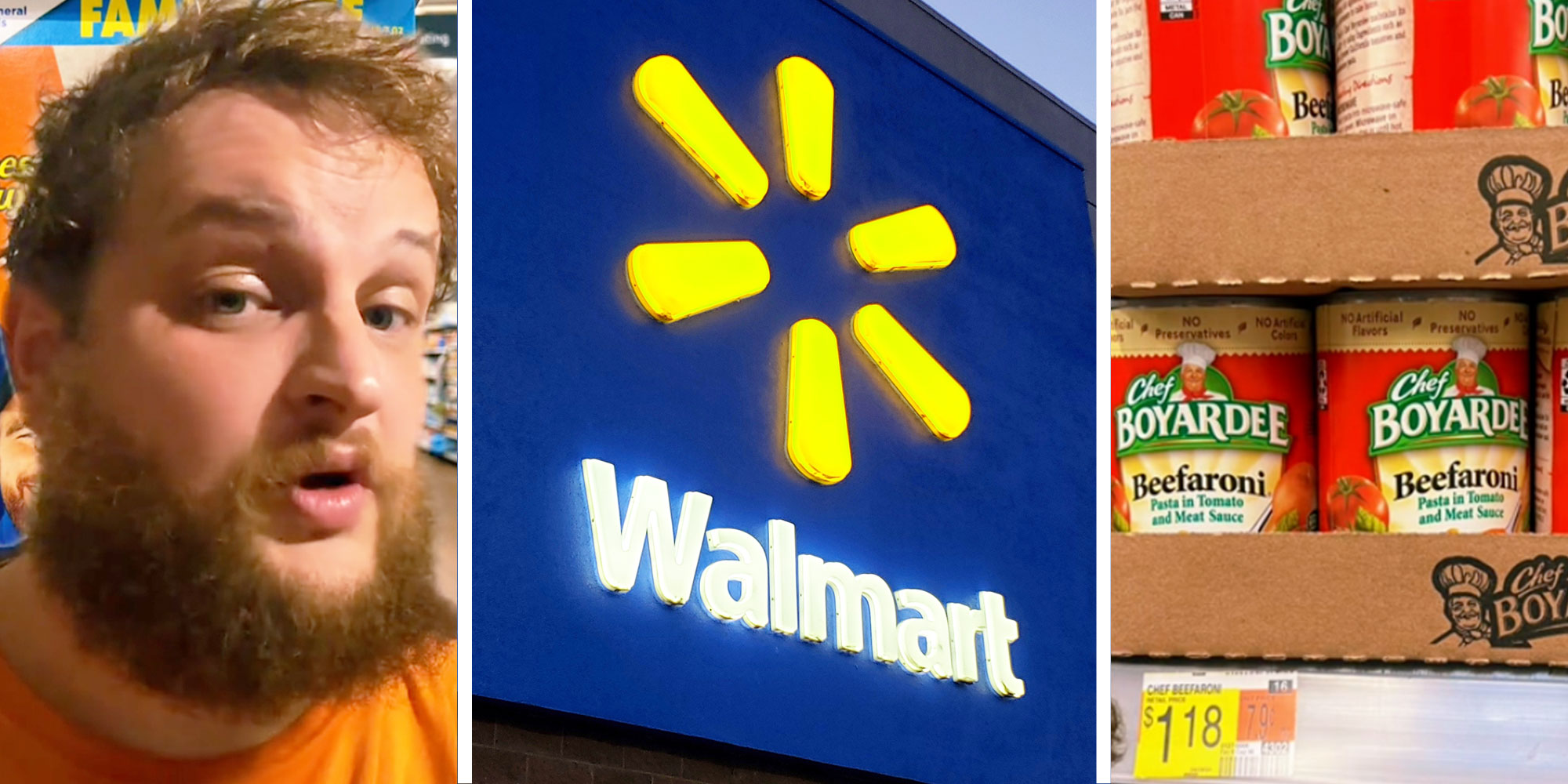 3 panel images, man talking with orange shirt, middle outside walmart store neon sign, last panal chef Boyardee.