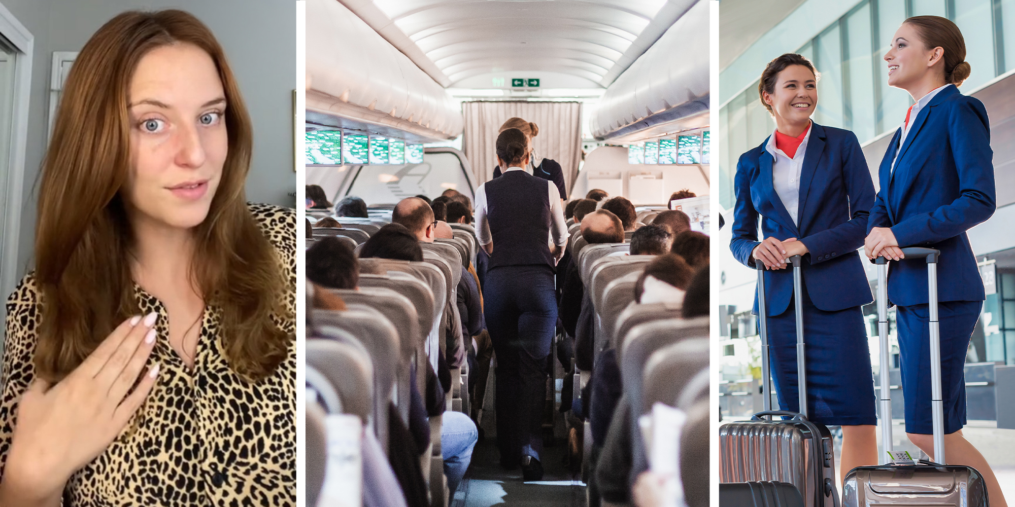 Flight attendant(l) Airplane isle(c) Flight attendants(r)
