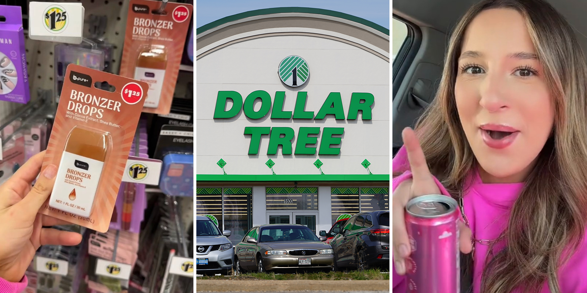 Hand holding Bronzer Drops product(l) Dollar Tree Store Front(c) Woman holding a pink can(r)